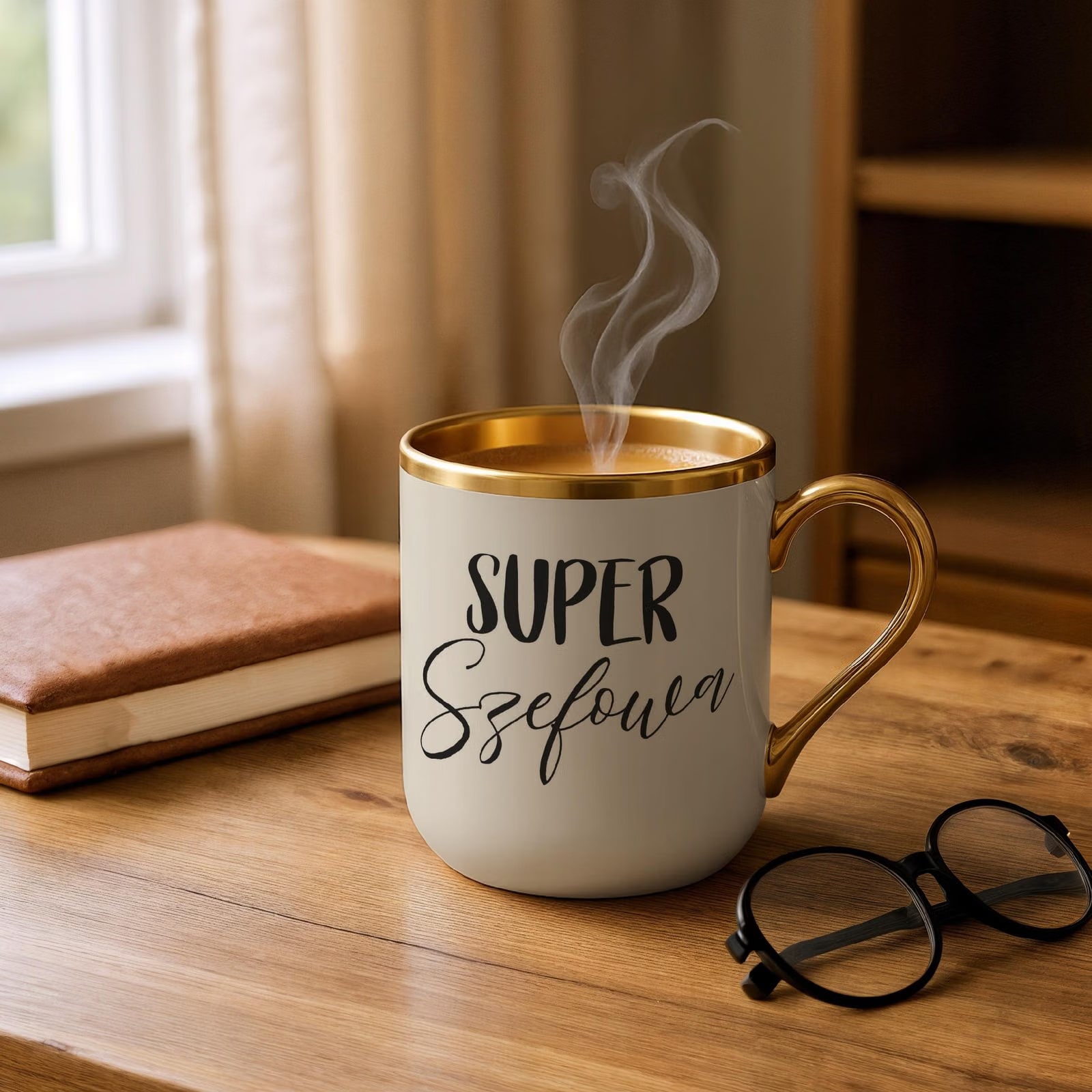 Kubek Premium Złoty Ecru Super Szefowa Dla Kobiety Praca Prezent