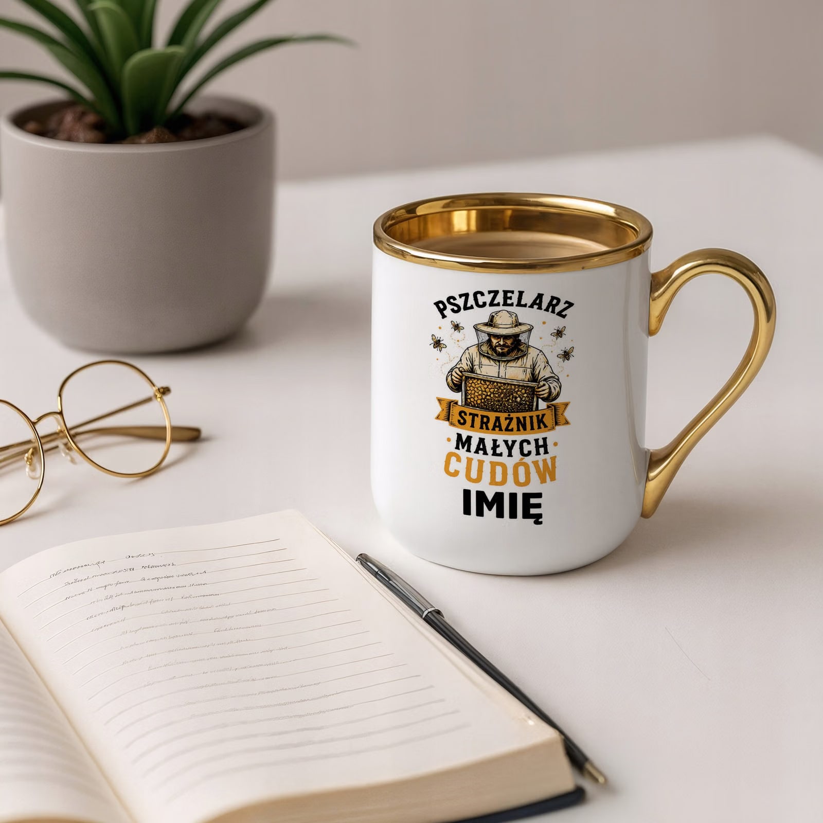 Kubek Personalizowany z nadrukiem Premium Złoty Dla Pszczelarza Prezent