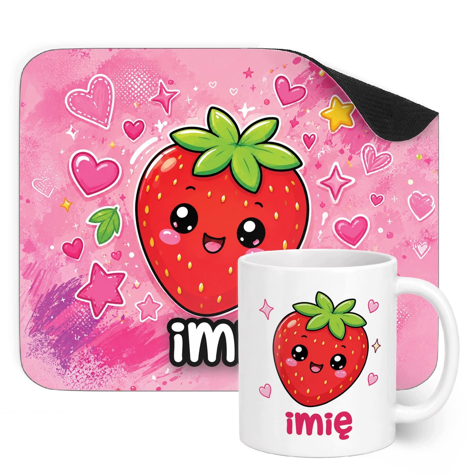 Zestaw personalizowany Kubek Podkładka pod mysz Kawaii Truskawka