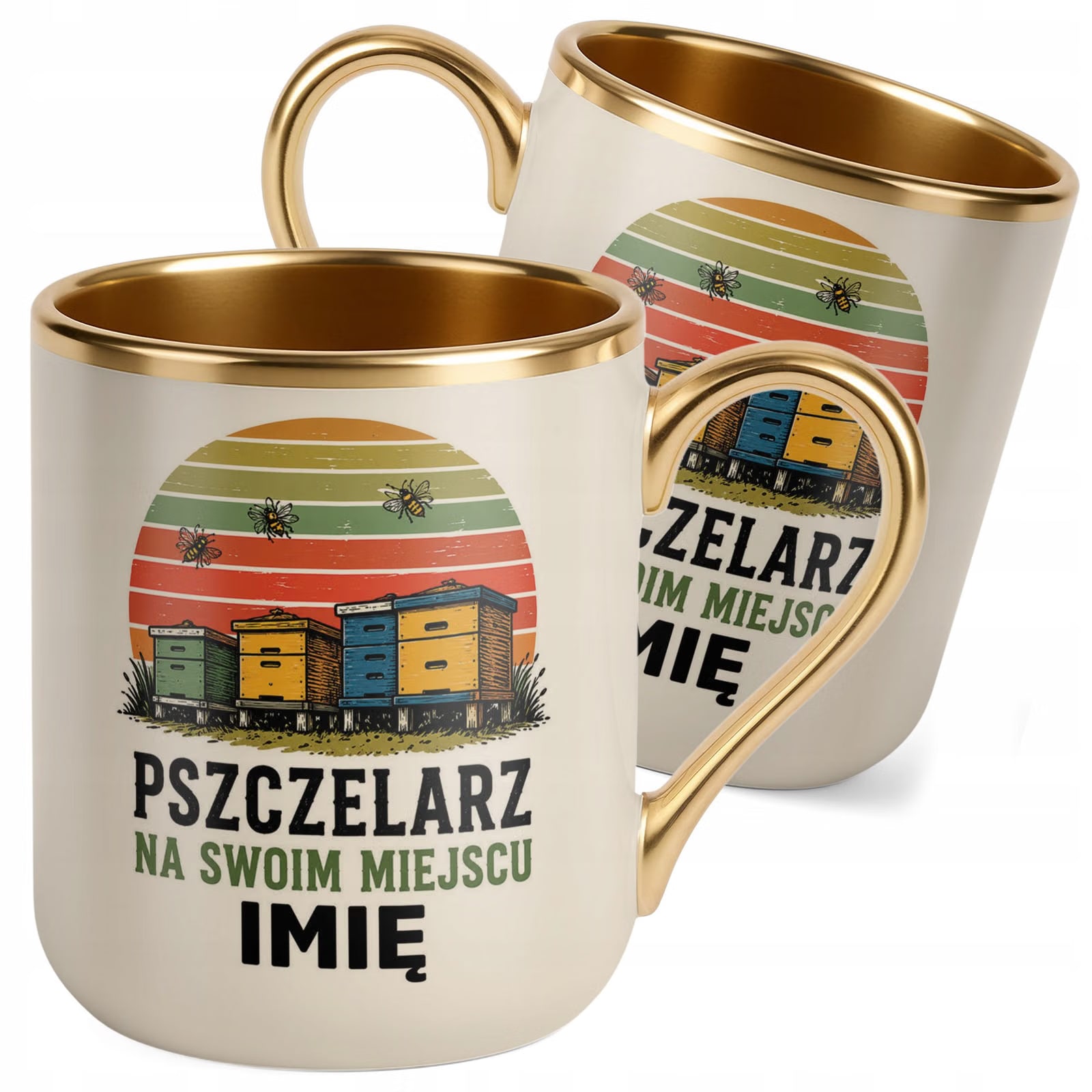 Kubek Personalizowany z nadrukiem Premium Złoty Ecru Dla Pszczelarza