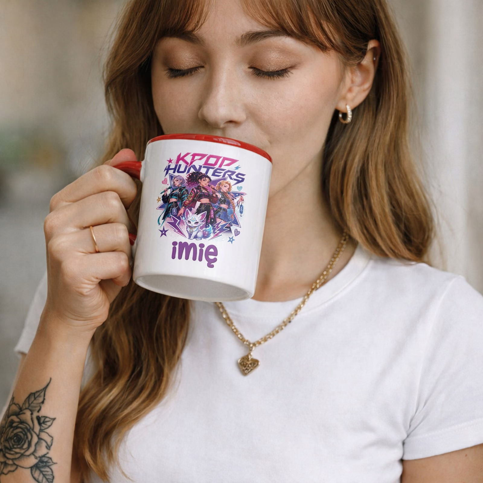 Zestaw Personalizowany Kubek Czerwony Poduszka Łowczynie Kpop Prezent