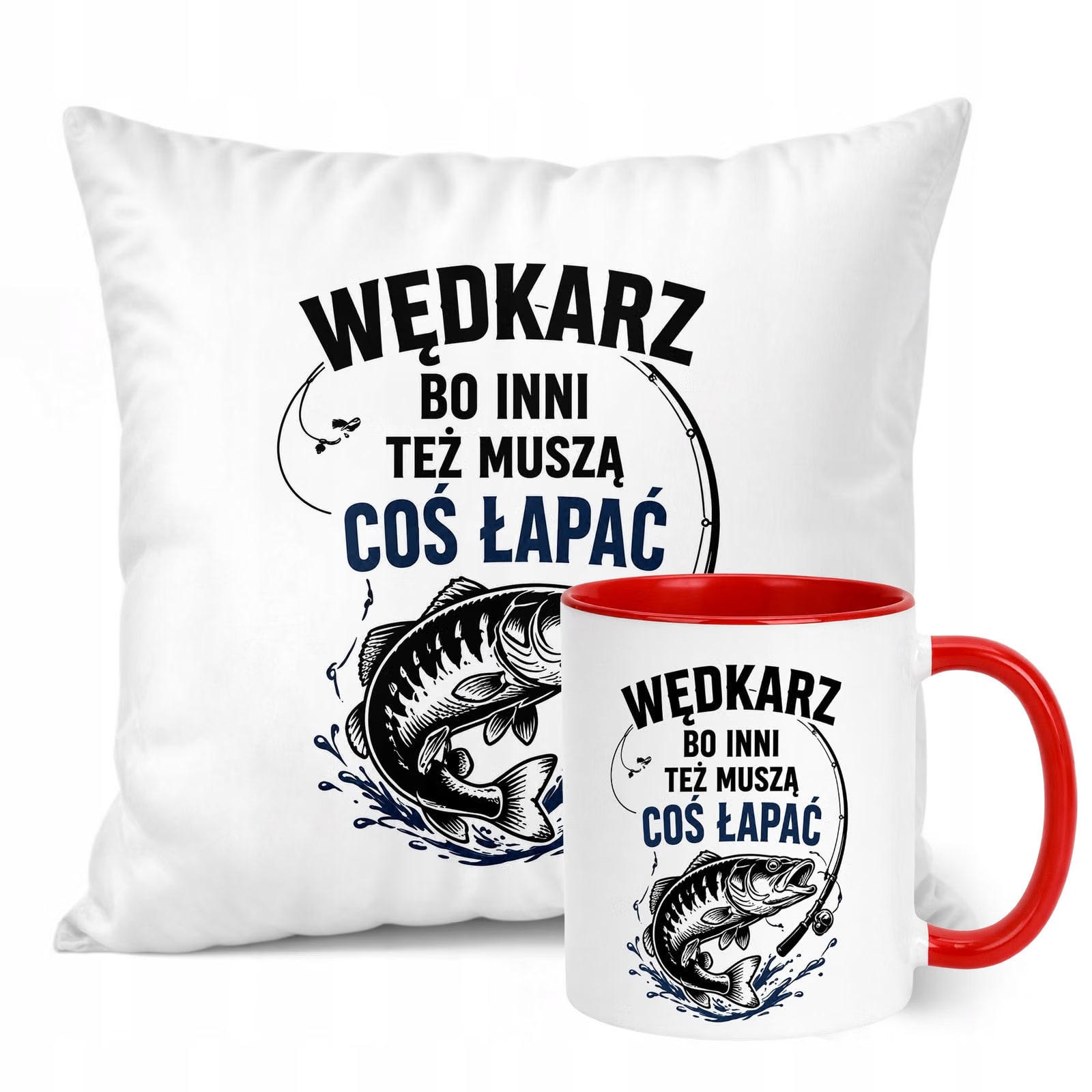 Zestaw Kubek Czerwony Poduszka Z Nadrukiem Dla Wędkarza Prezent
