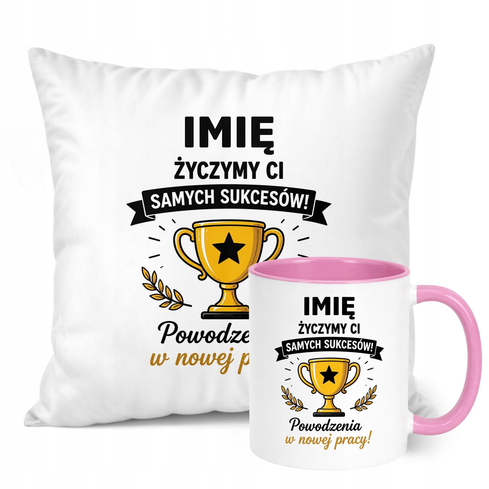 Zestaw Personalizowany Kubek Różowy Poduszka Odejście z Pracy Prezent