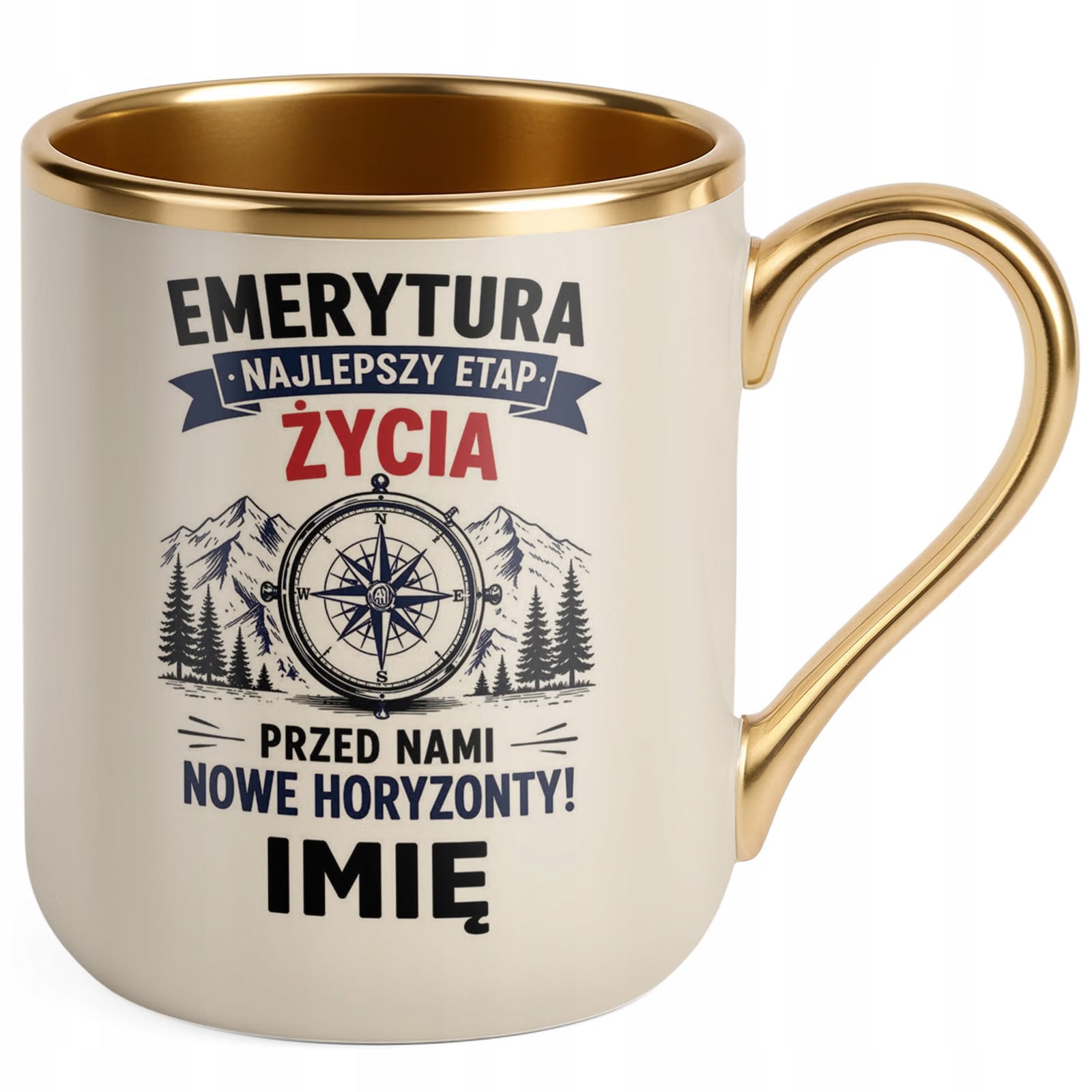 Kubek Personalizowany z nadrukiem Premium Złoty Ecru Emerytura Prezent