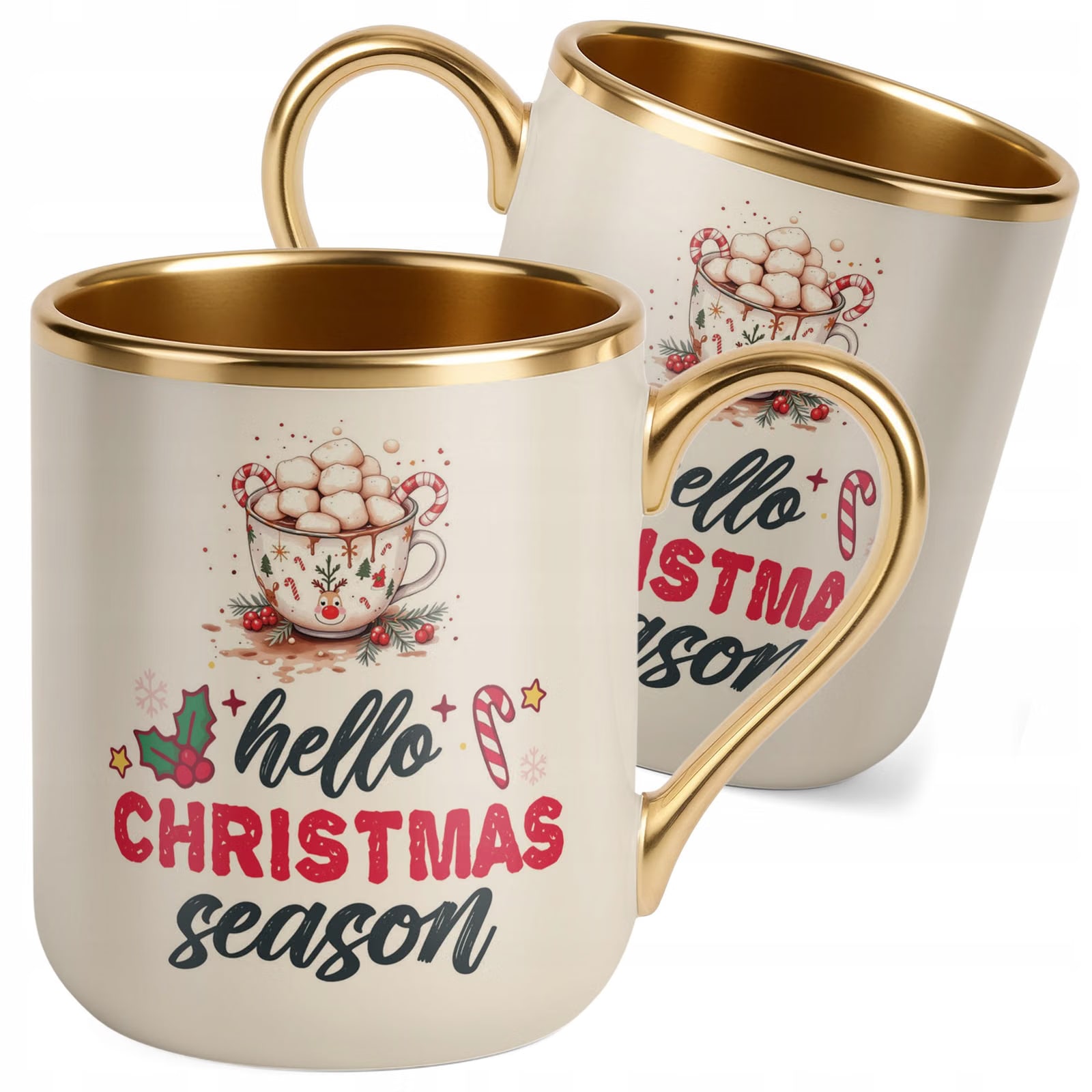 Kubek Premium Złoty Ecru Boże Narodzenie Hello Christmas Season Prezent