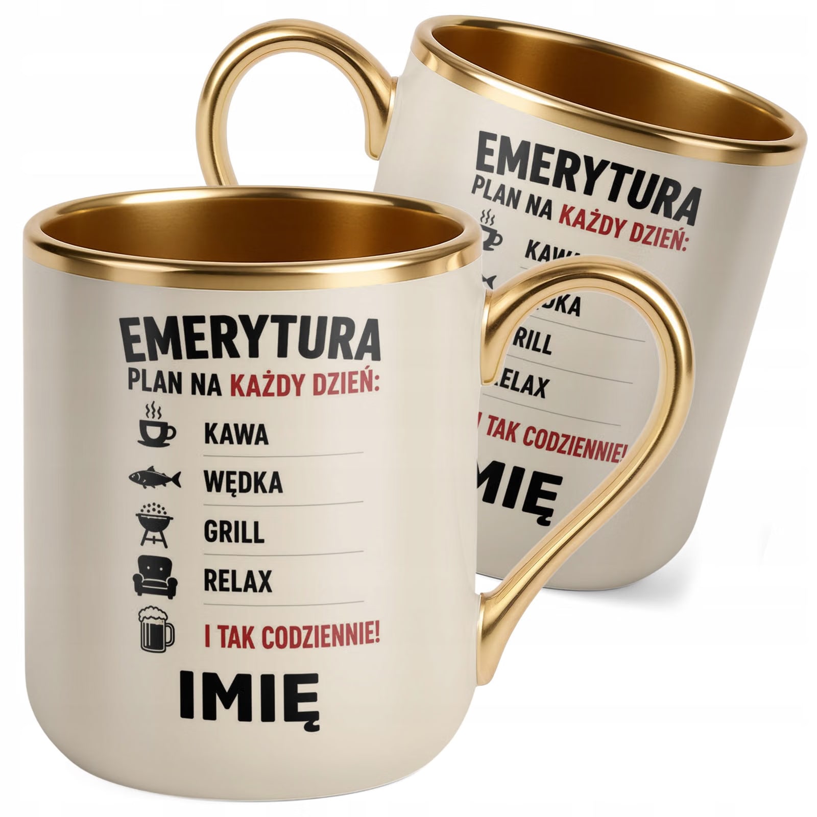 Kubek Personalizowany z nadrukiem Premium Złoty Ecru Emerytura Prezent