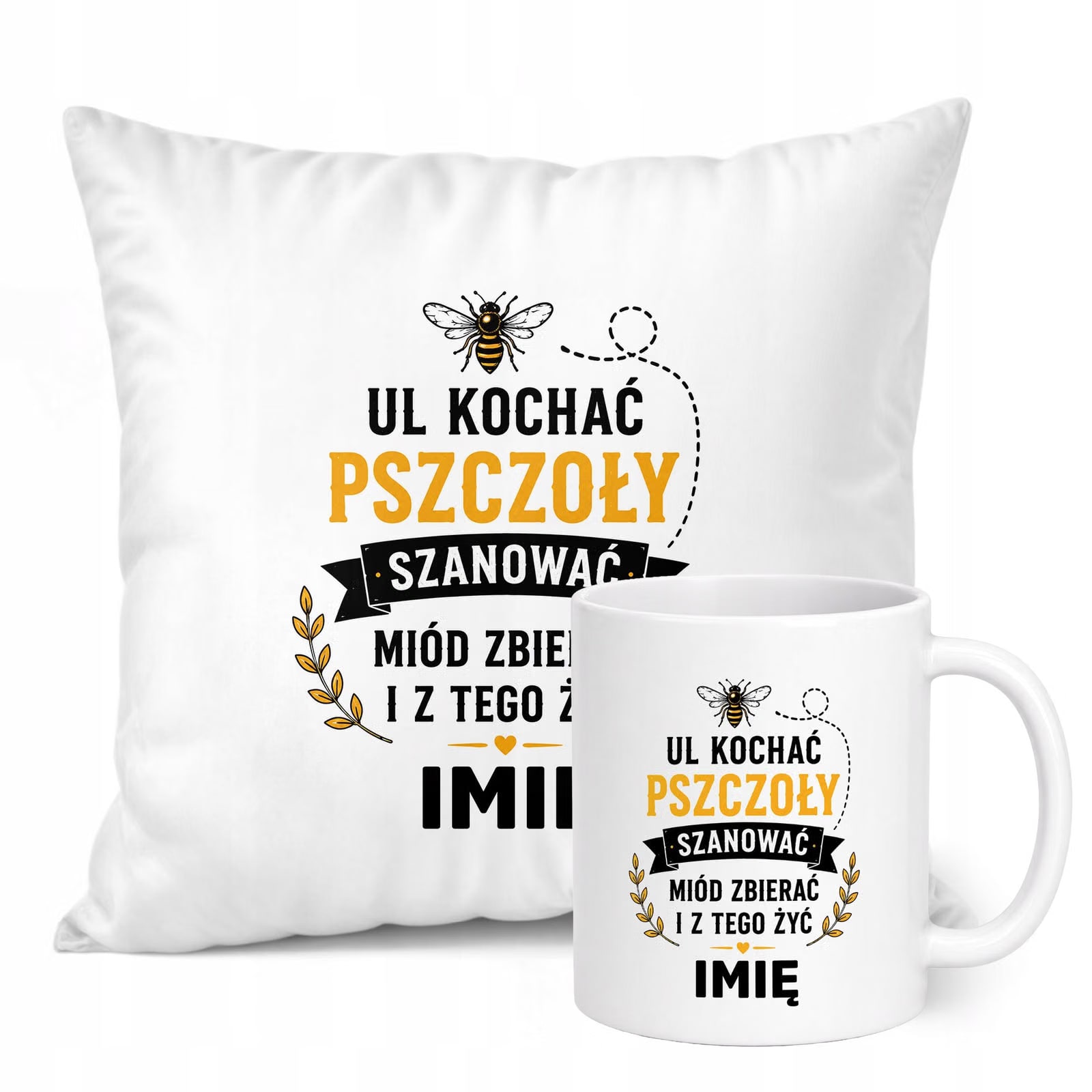 Zestaw Personalizowany Kubek Biały Poduszka Z Nadrukiem Dla Pszczelarza