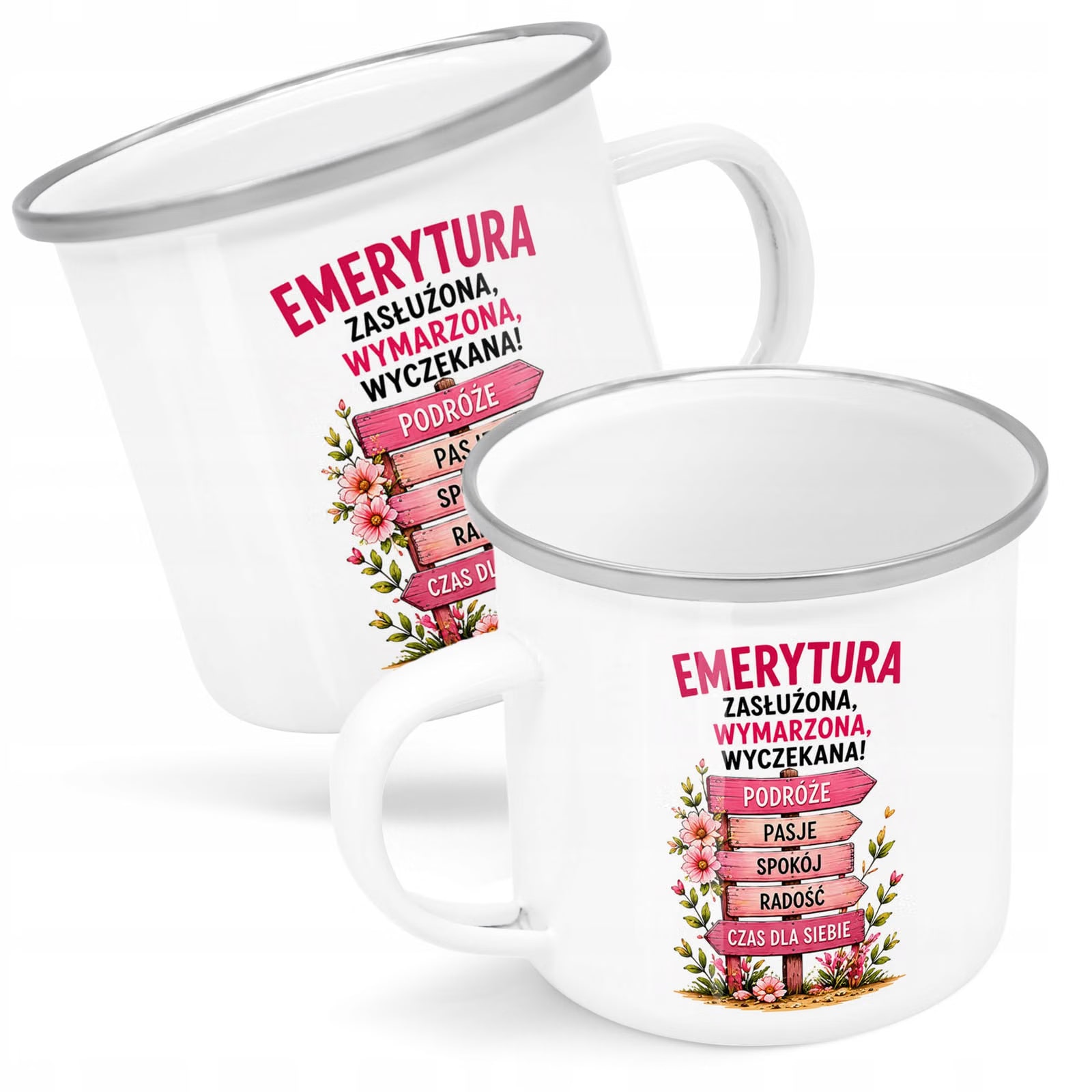 Kubek Emaliowany Emerytura Dla Emerytki z Nadrukiem Biały Metalowy Prezent