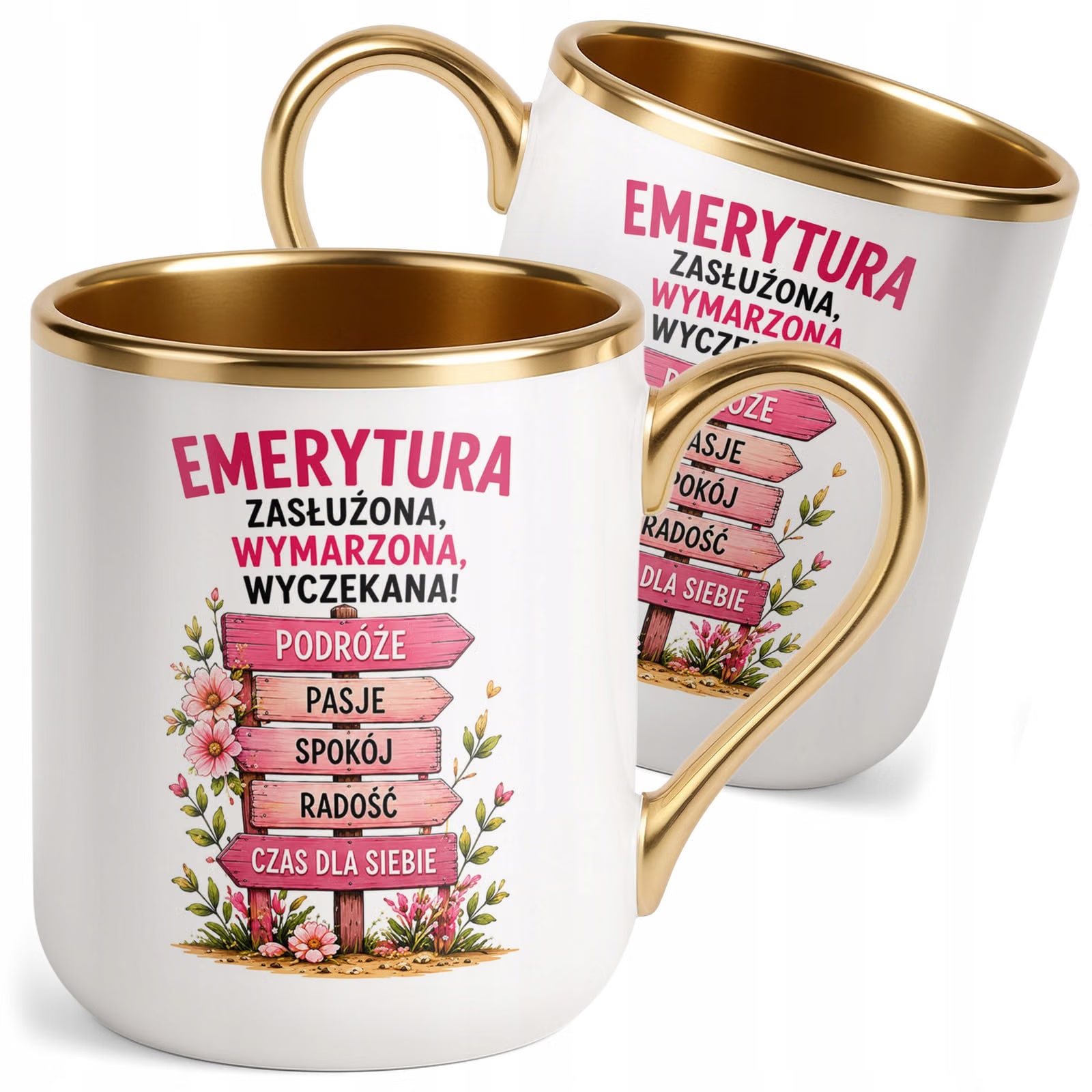Kubek z nadrukiem Premium Złoty Emerytura Dla Emerytki Upominek Prezent