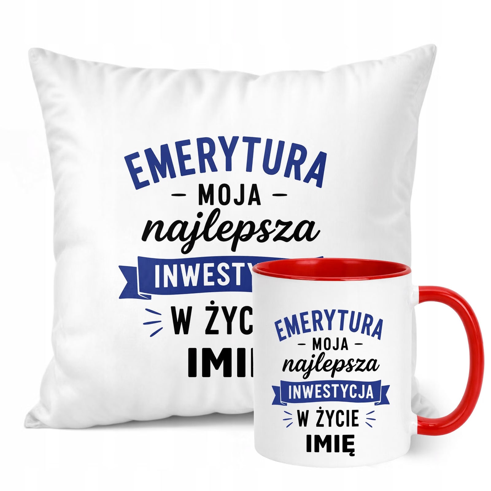 Zestaw Personalizowany Kubek Czerwony Poduszka Emerytura Upominek Prezent