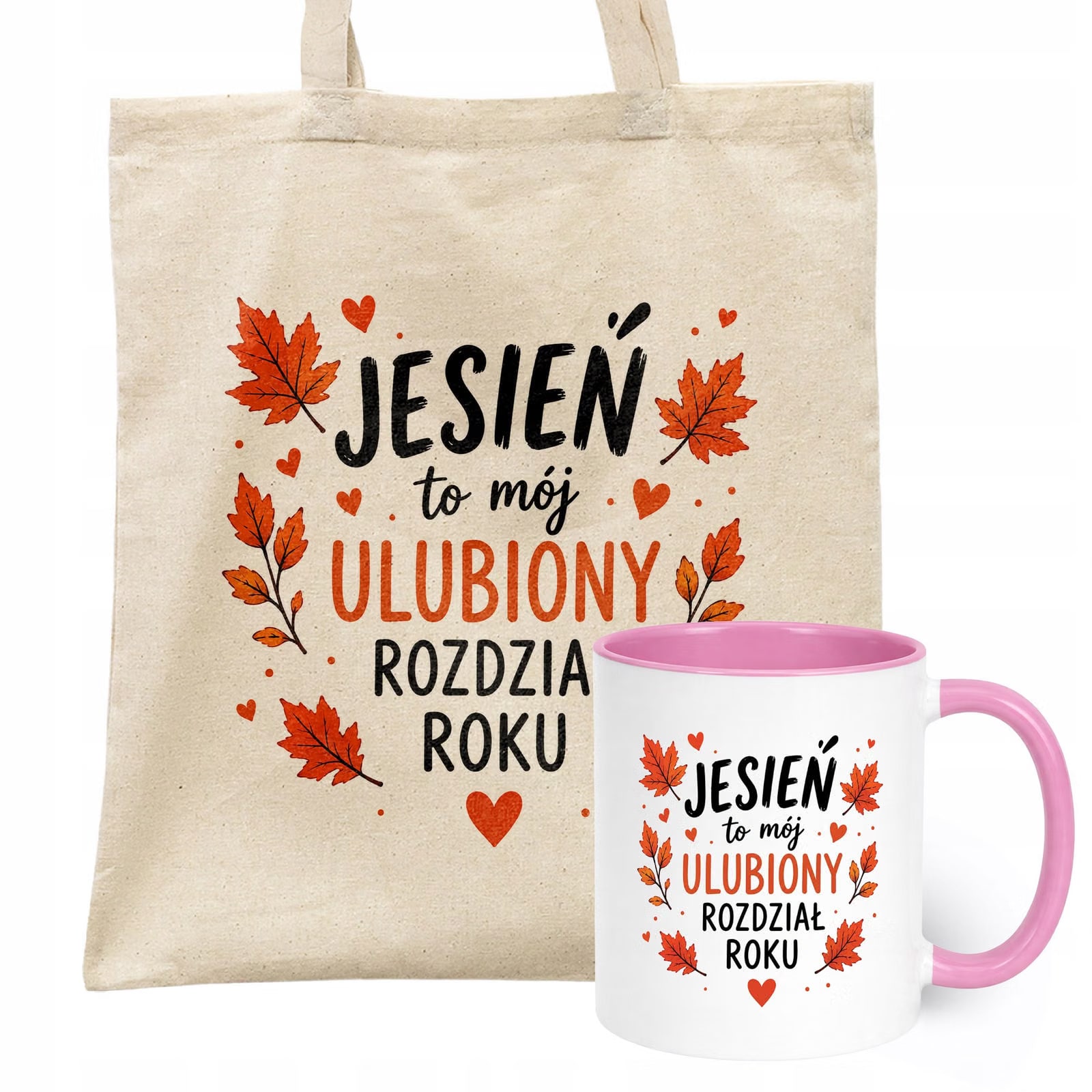 Zestaw Kubek Różowy Torba Shopper Ecru Z Nadrukiem Jesień Jesienny