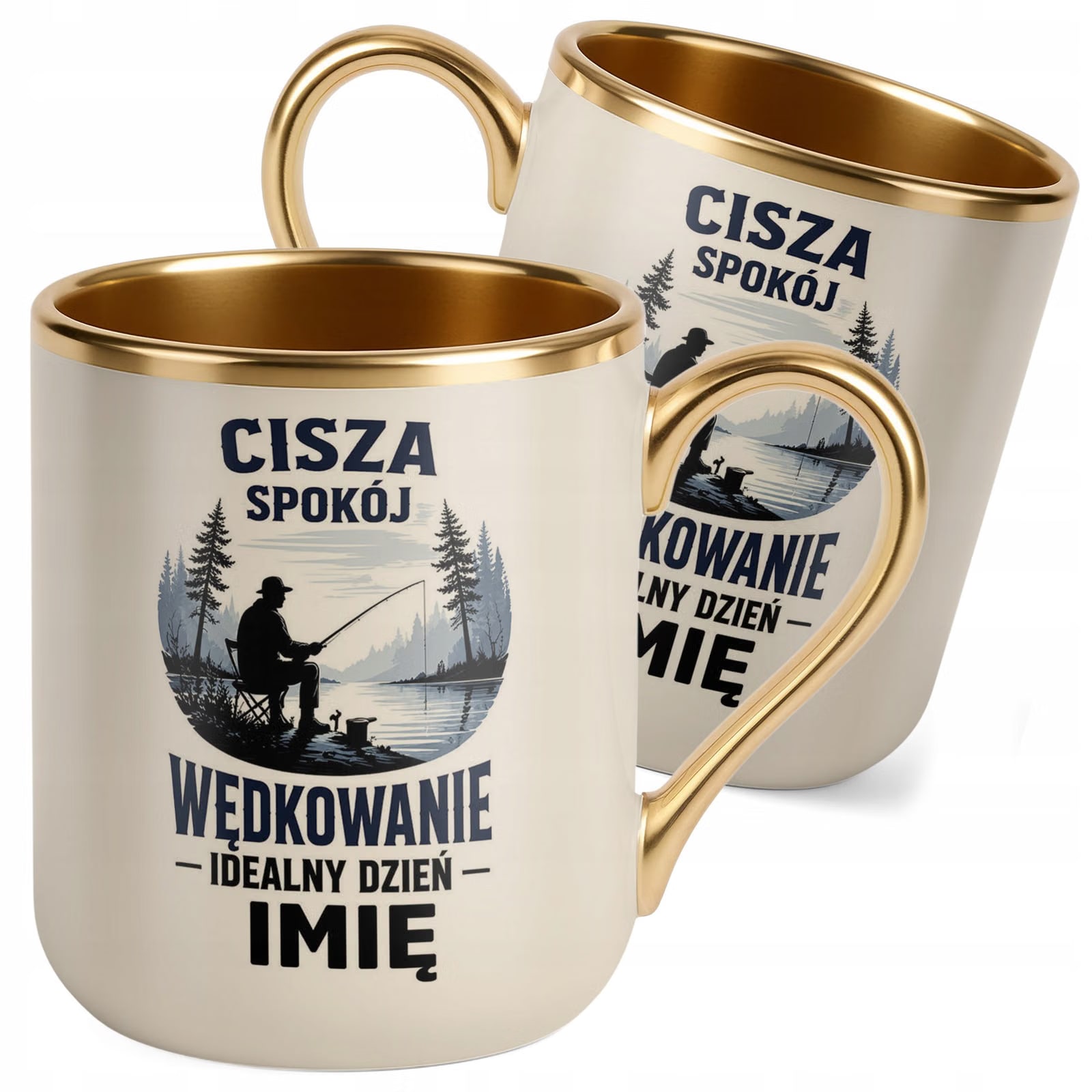 Kubek Personalizowany z nadrukiem Premium Złoty Ecru Dla Wędkarza Prezent