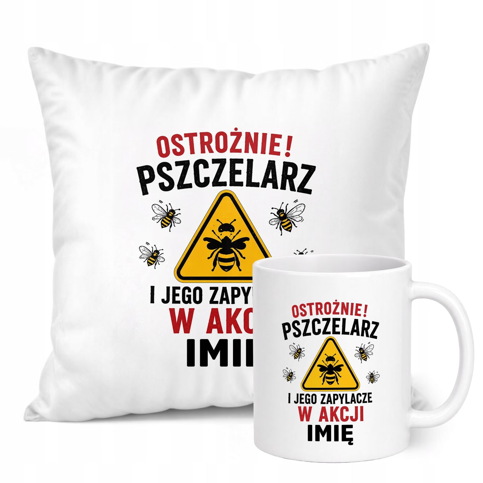 Zestaw Personalizowany Kubek Biały Poduszka Z Nadrukiem Dla Pszczelarza