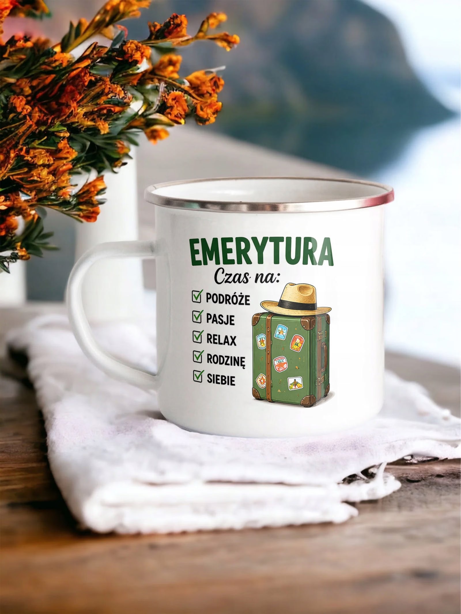 Kubek Emaliowany Emerytura z Nadrukiem Biały Metalowy Prezent