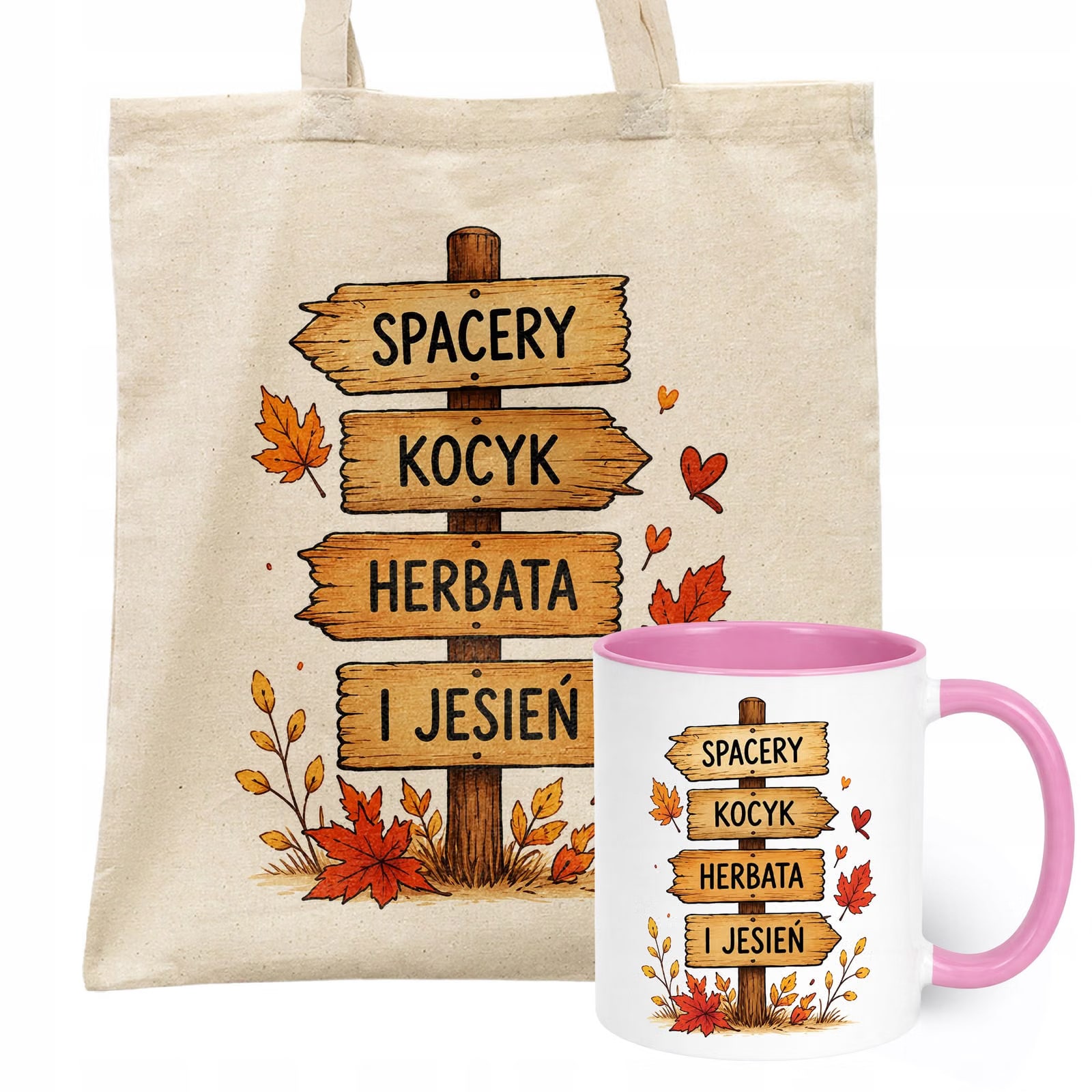 Zestaw Kubek Różowy Torba Shopper Ecru Z Nadrukiem Jesień Jesienny