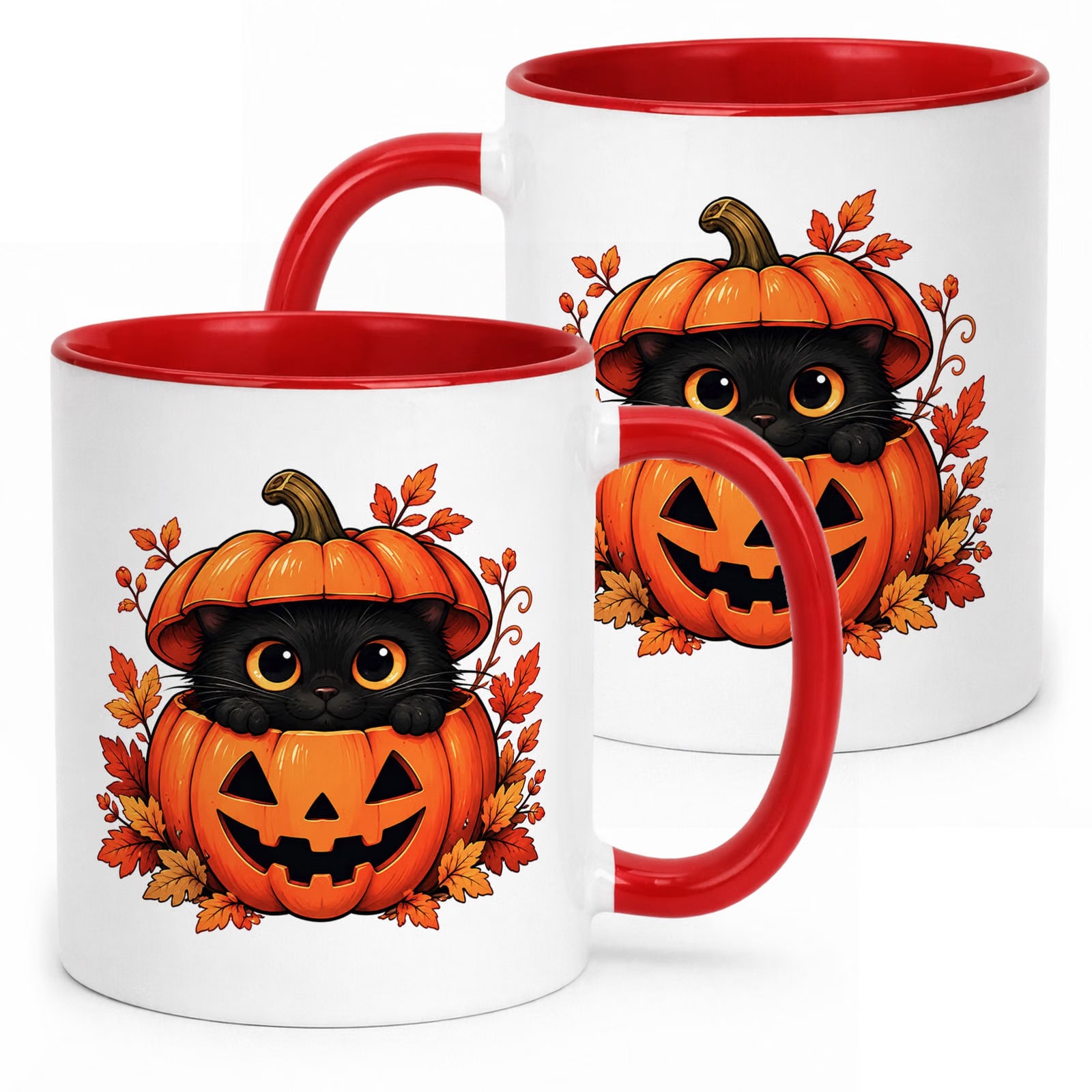 Kubek Czerwony z Nadrukiem Halloween Jesień Kot Dynia Prezent Upominek