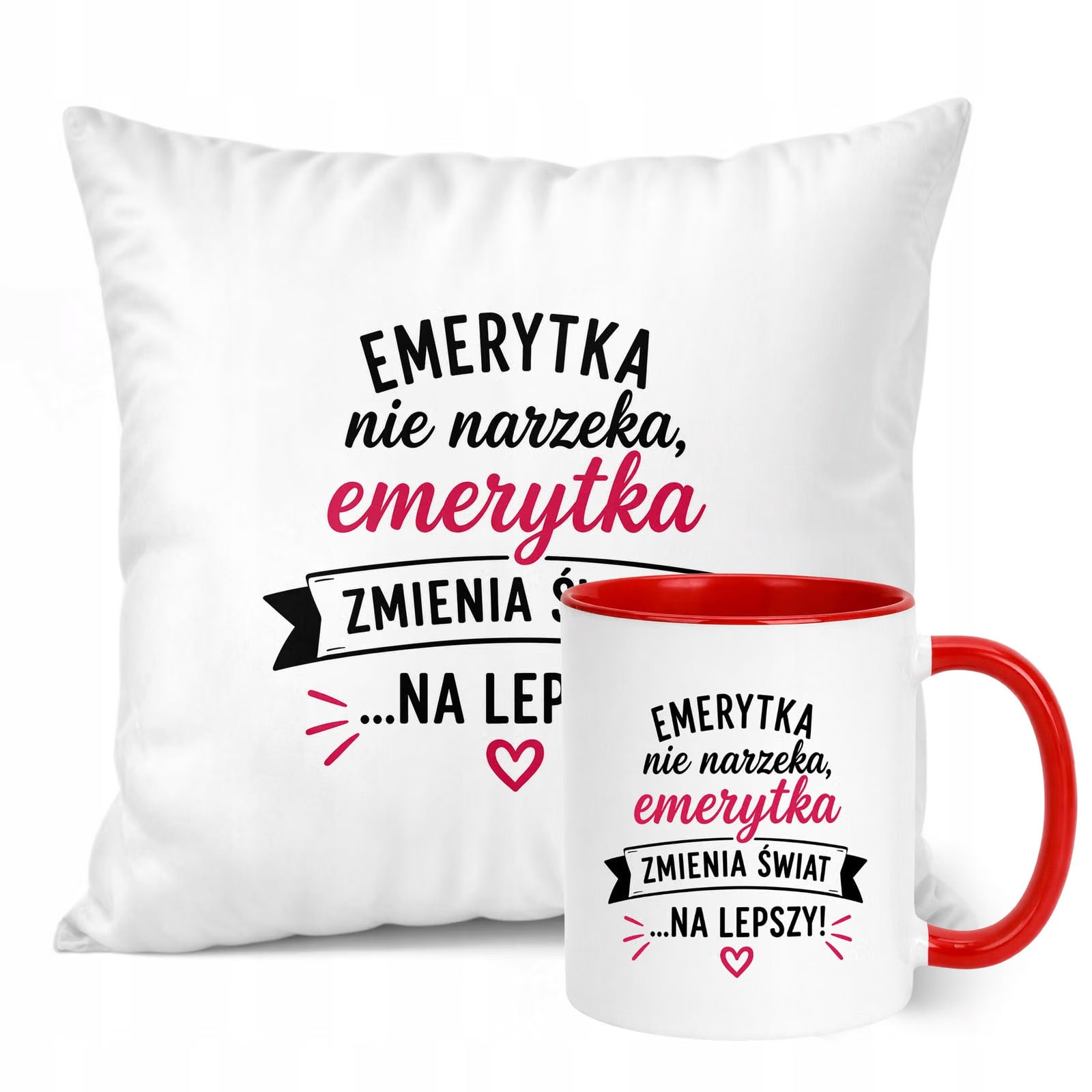 Zestaw Kubek Czerwony Poduszka Z Nadrukiem Emerytura Dla Emerytki Prezent