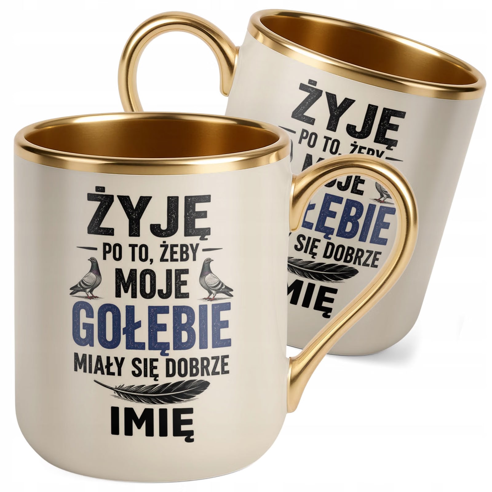 Kubek Personalizowany z nadrukiem Premium Złoty Ecru Dla Gołębiarza Prezent