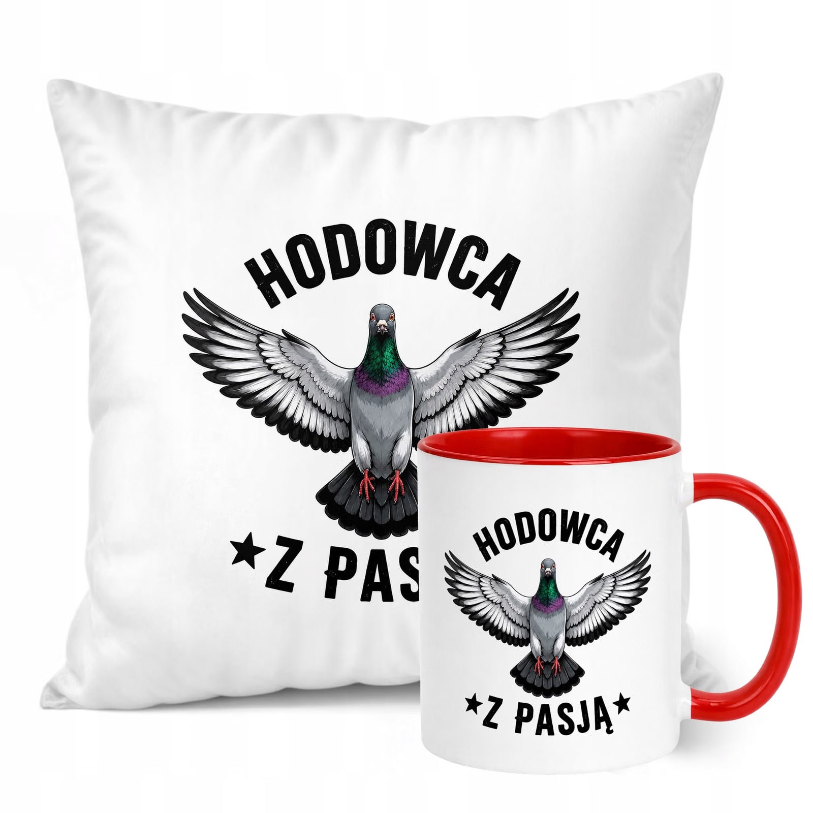 Zestaw Kubek Czerwony Poduszka Z Nadrukiem Dla Gołębiarza Prezent