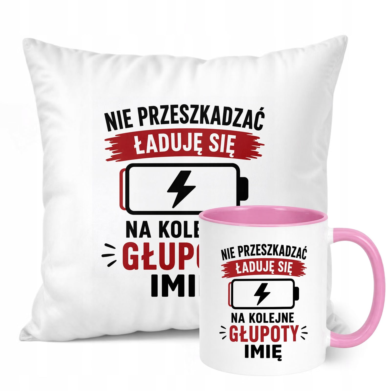 Zestaw Personalizowany Kubek Różowy Poduszka Dzień Chłopaka Z Nadrukiem