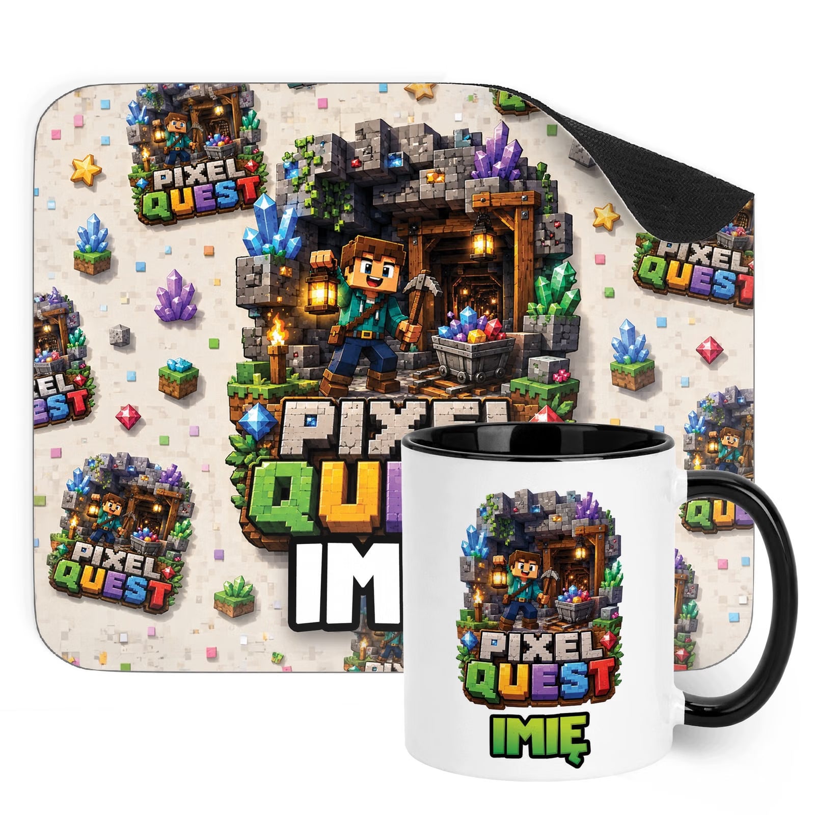 Zestaw personalizowany Kubek Czarny Podkładka pod mysz gra Pixel Quest