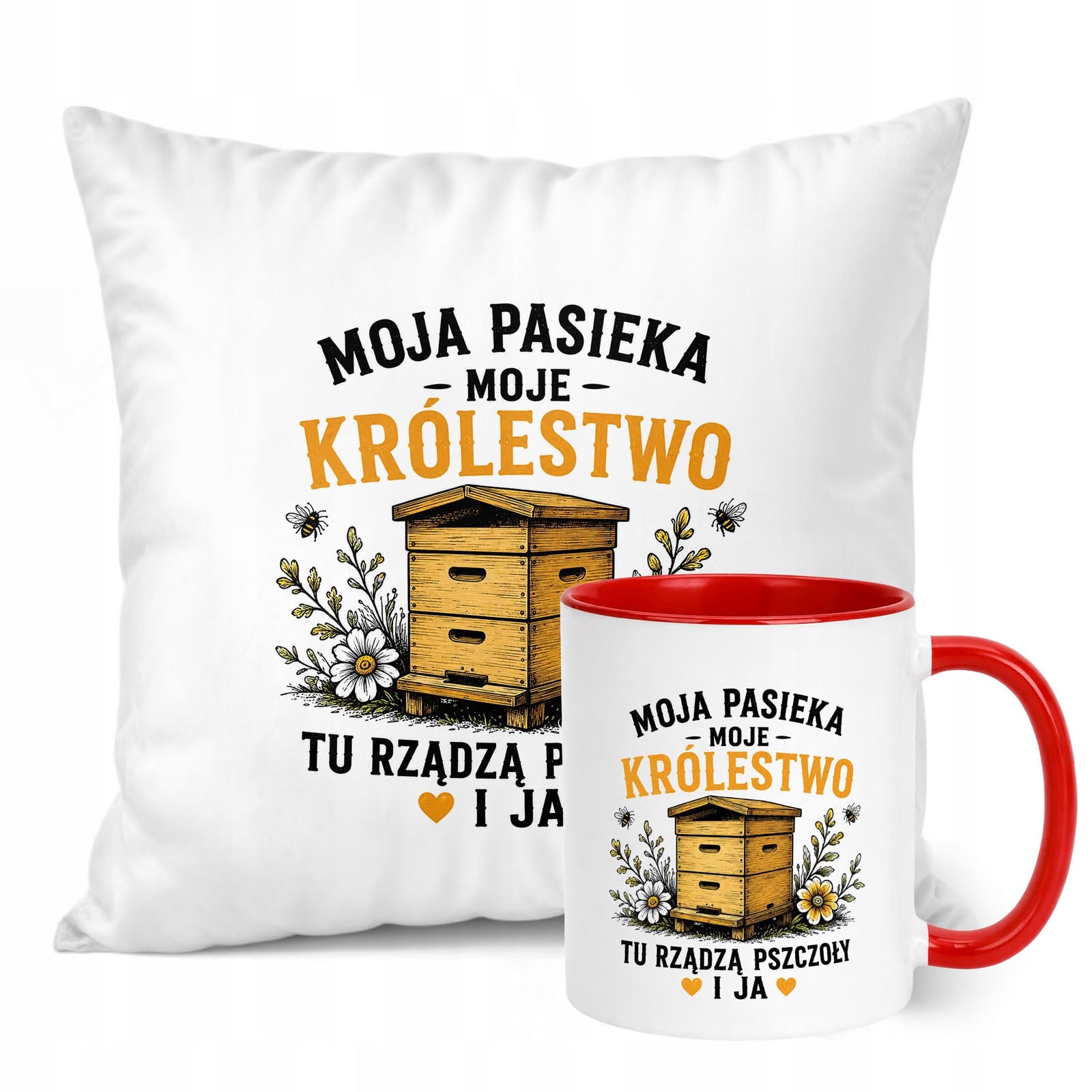 Zestaw Kubek Czerwony Poduszka Z Nadrukiem Dla Pszczelarza Prezent