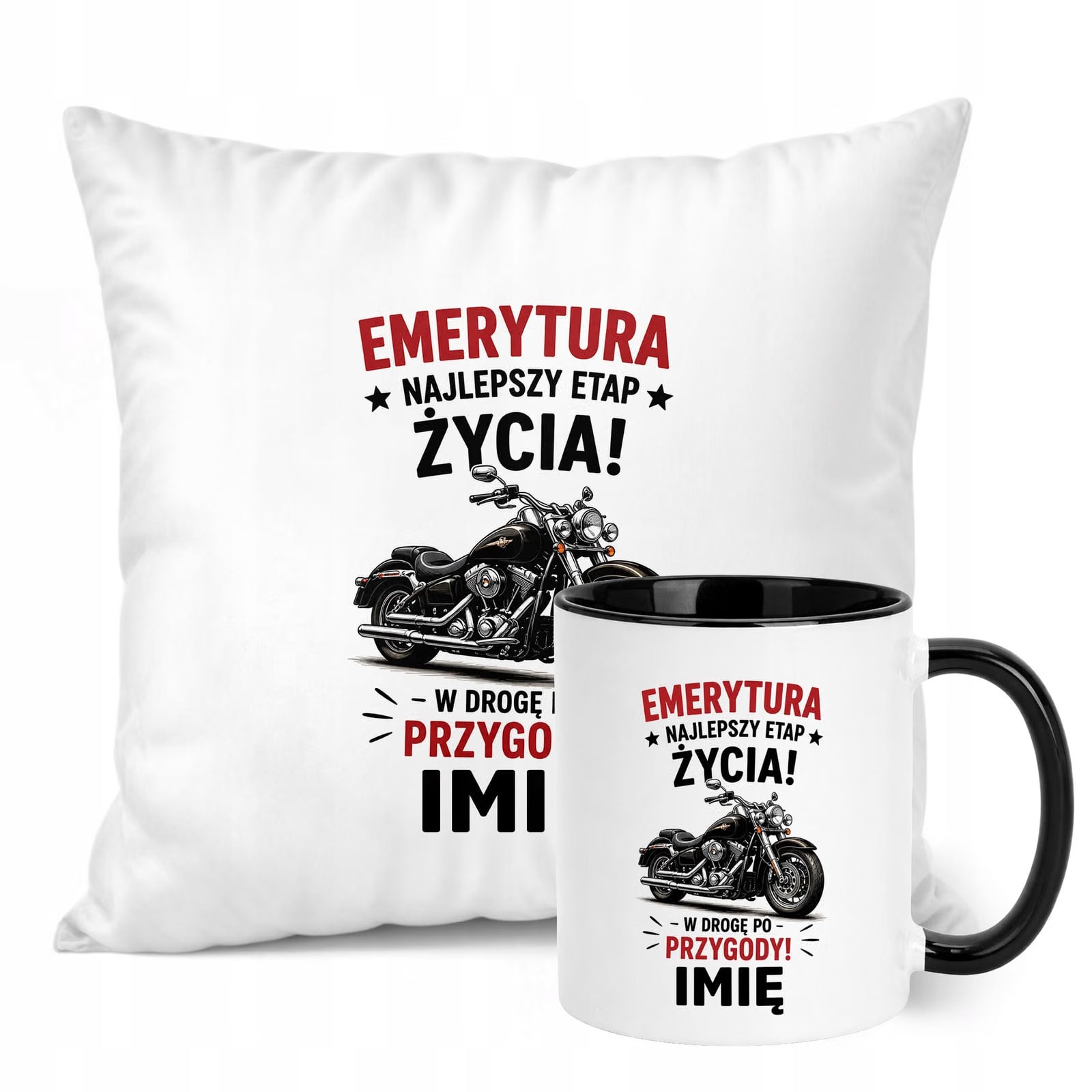 Zestaw Personalizowany Kubek Czarny Poduszka Emerytura Upominek Prezent