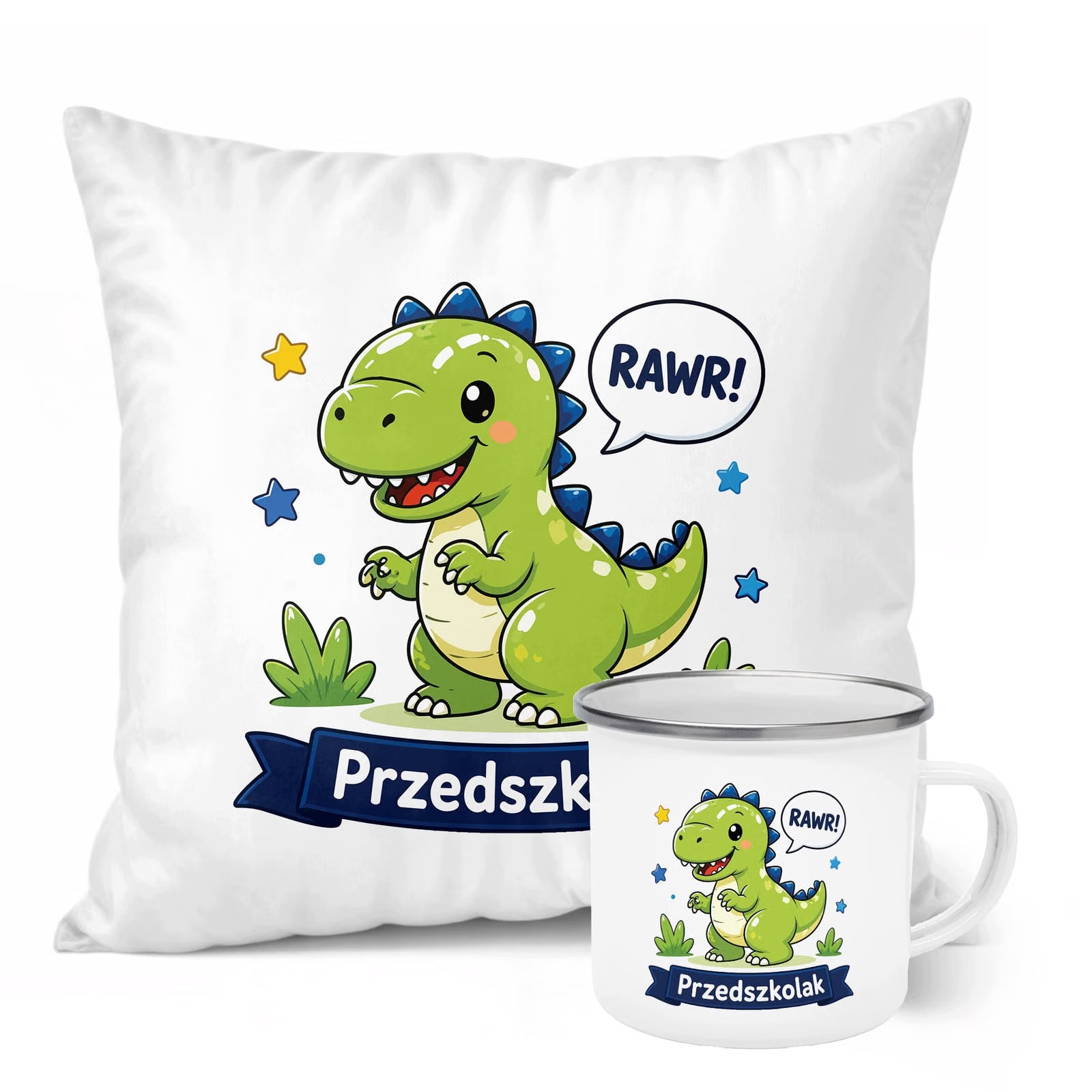 Zestaw Kubek Emaliowany Poduszka Z Nadrukiem Przedszkolak Szkoła Prezent