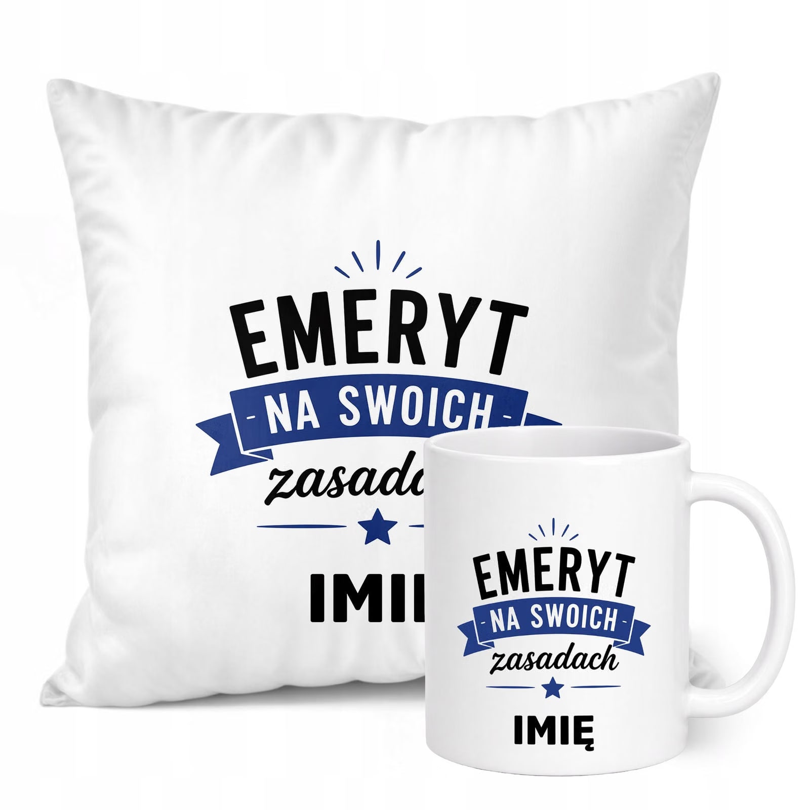Zestaw Personalizowany Kubek Biały Poduszka Emerytura Dla Emeryta Prezent