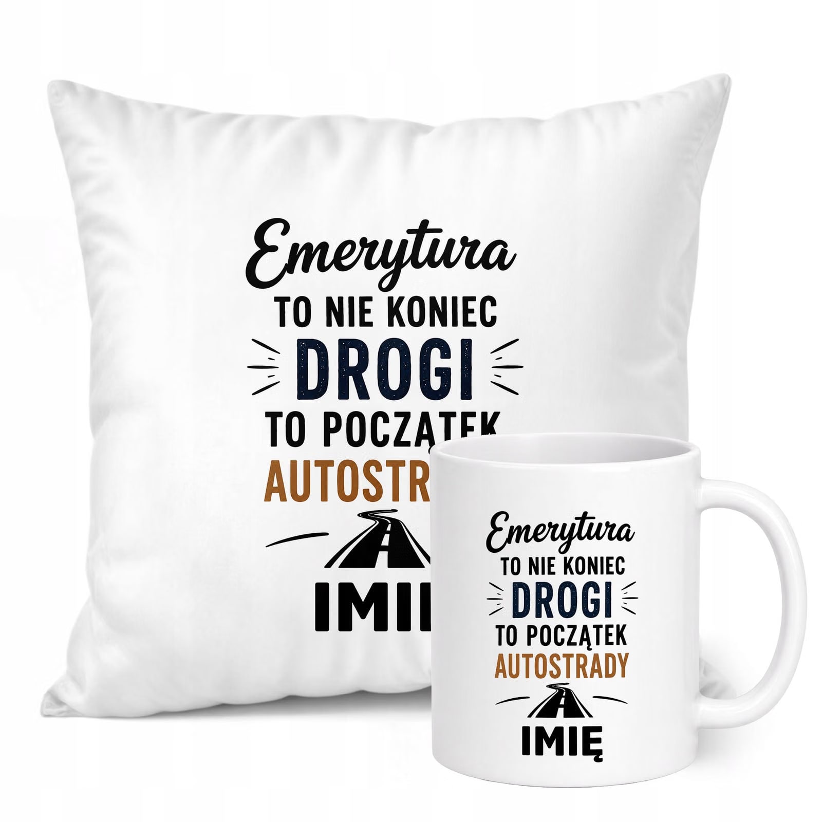 Zestaw Personalizowany Kubek Biały Poduszka Emerytura Dla Emeryta Prezent