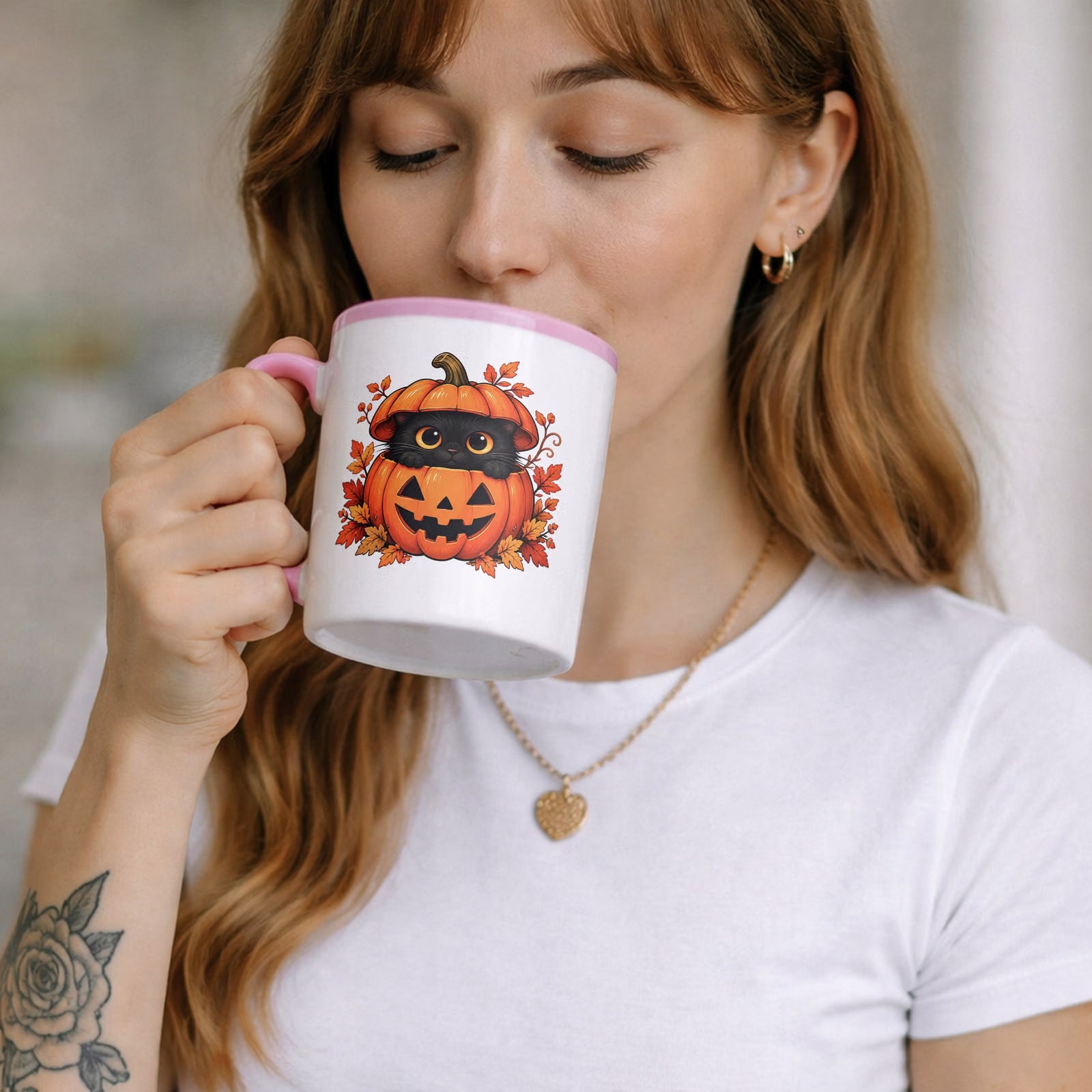 Kubek Różowy z Nadrukiem Halloween Jesień Kot Dynia Prezent Upominek