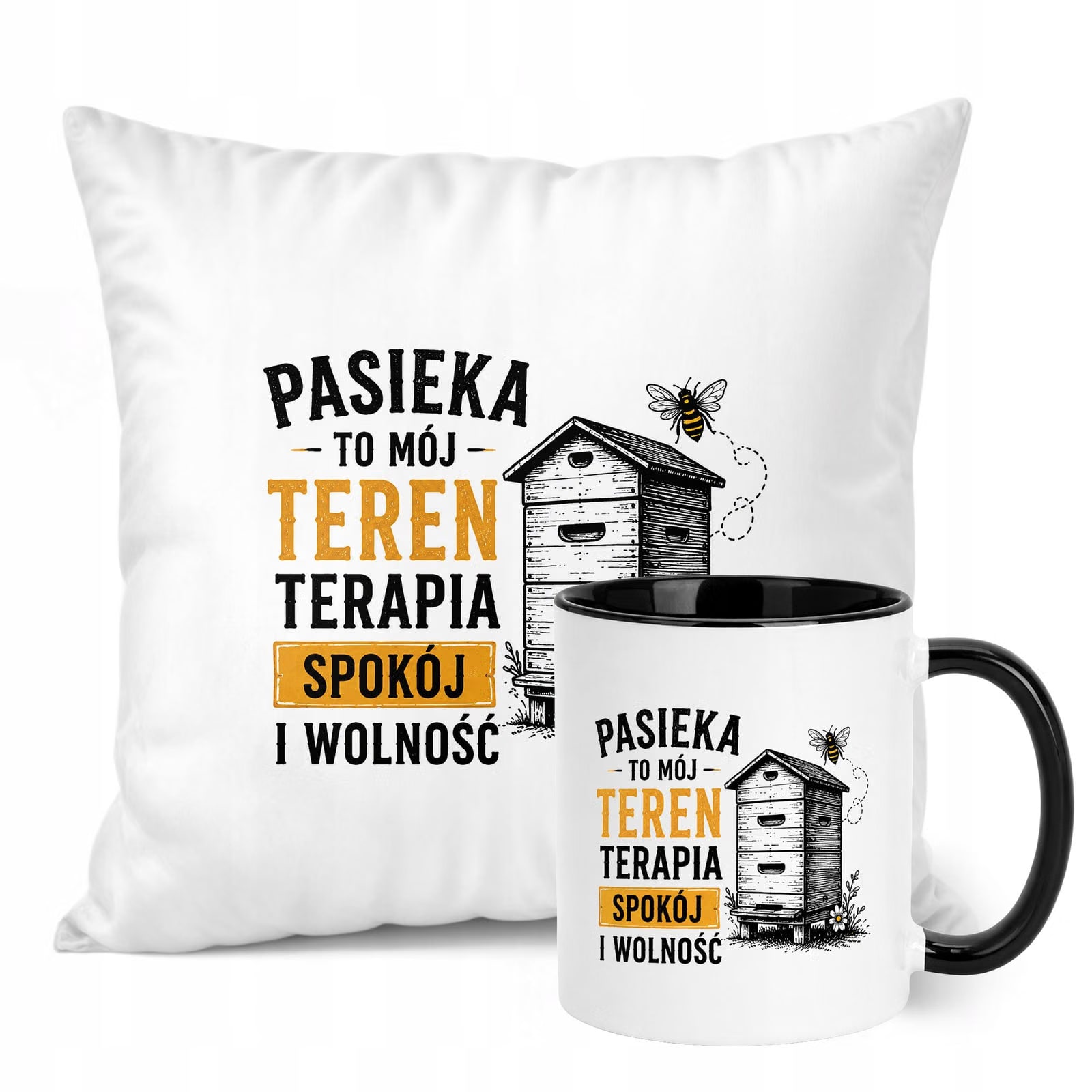 Zestaw Kubek Czarny Poduszka Z Nadrukiem Dla Pszczelarza Prezent