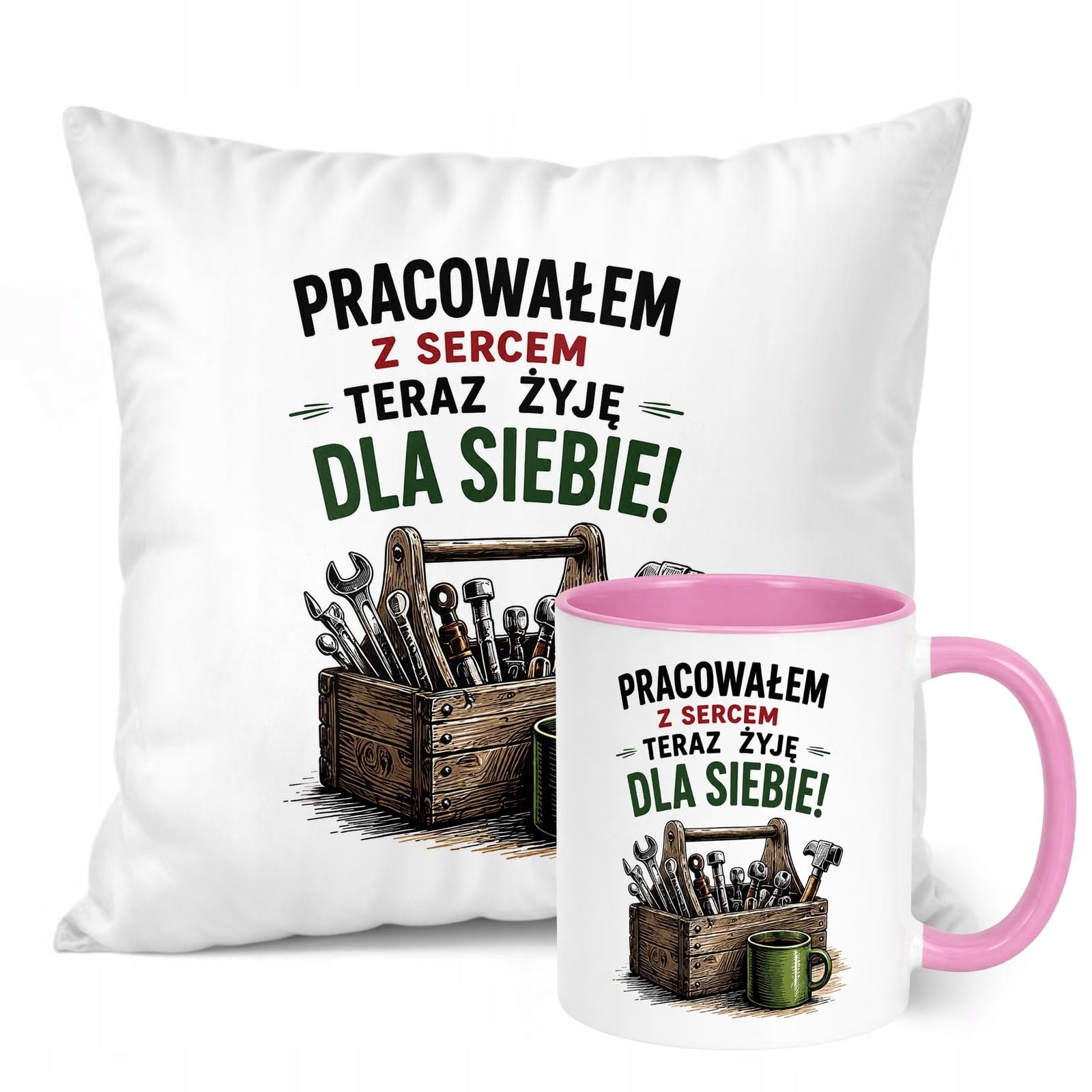 Zestaw Kubek Różowy Poduszka Z Nadrukiem Emerytura Dla Emeryta Prezent