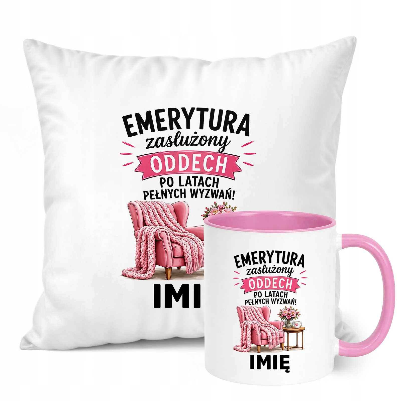 Zestaw Personalizowany Kubek Różowy Poduszka Emerytura Upominek Prezent