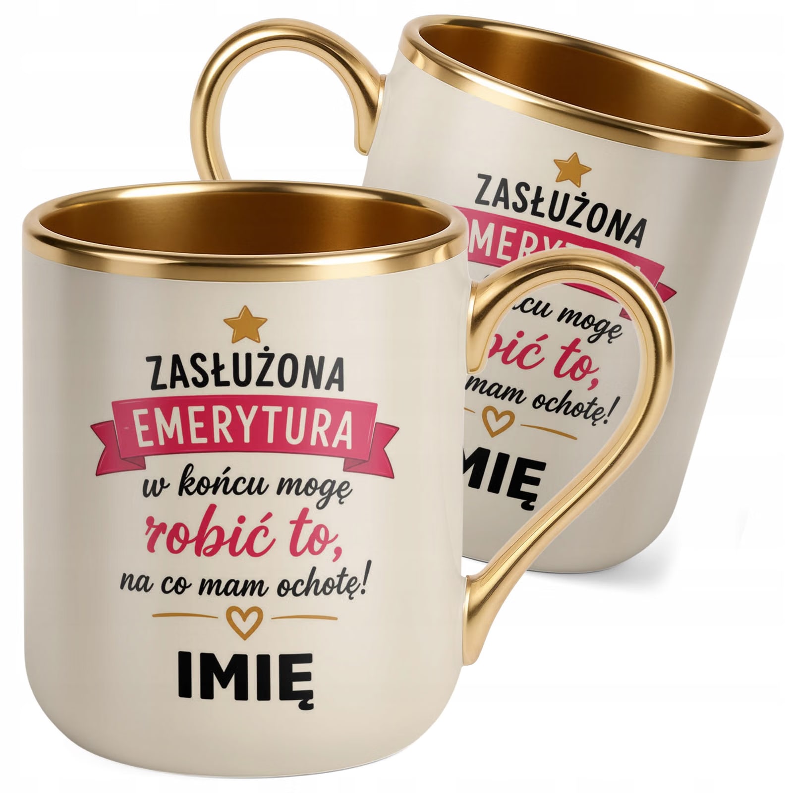 Kubek Personalizowany z nadrukiem Premium Złoty Ecru Emerytura Prezent