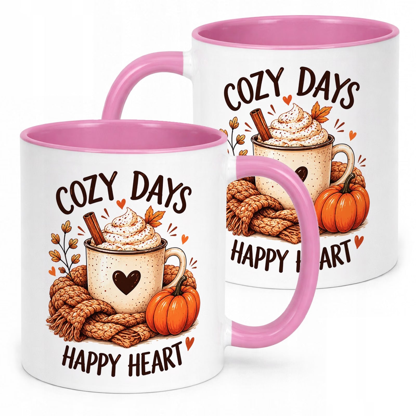 Różowy Kubek z nadrukiem Jesienny Jesień Cozy days happy heart