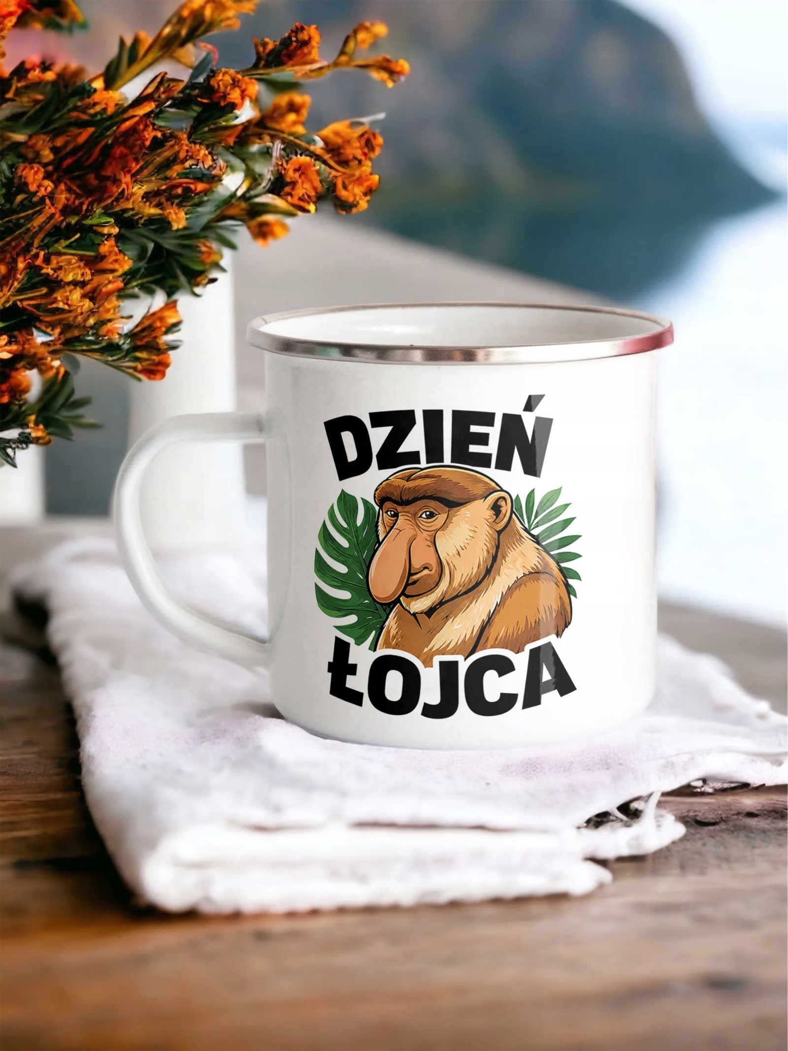 Kubek Emaliowany dla taty Dzień Ojca praktyczny z Nadrukiem Biały Metalowy