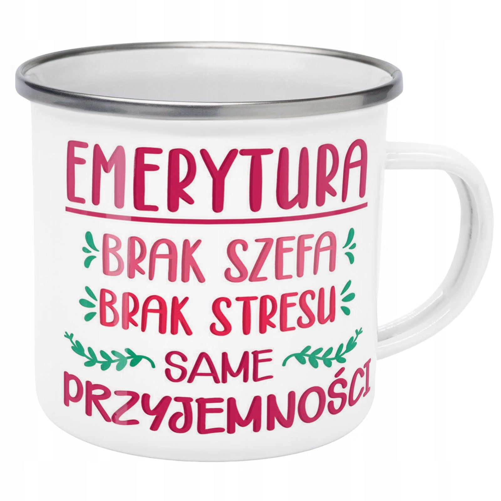 Kubek Emaliowany z okazji Emerytury Dla Emeryta z Nadrukiem Biały Metalowy