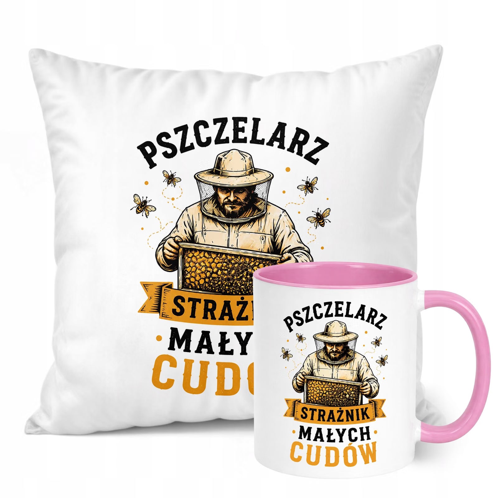 Zestaw Kubek Różowy Poduszka Z Nadrukiem Dla Pszczelarza Prezent
