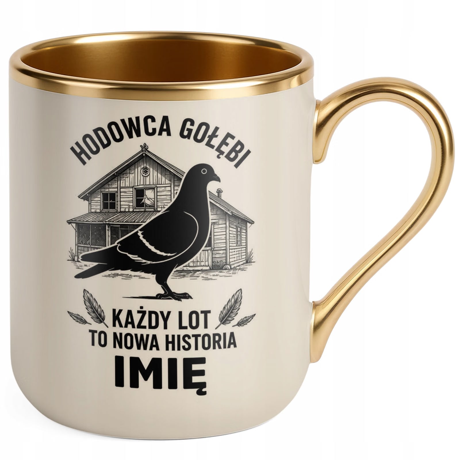 Kubek Personalizowany z nadrukiem Premium Złoty Ecru Dla Gołębiarza Prezent