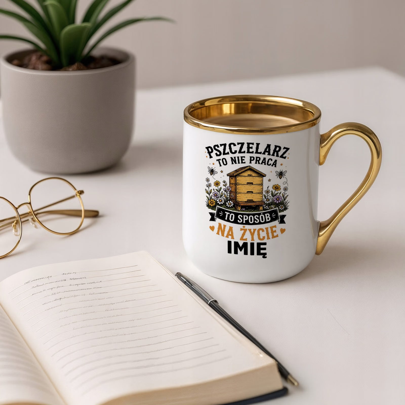 Kubek Personalizowany z nadrukiem Premium Złoty Dla Pszczelarza Prezent