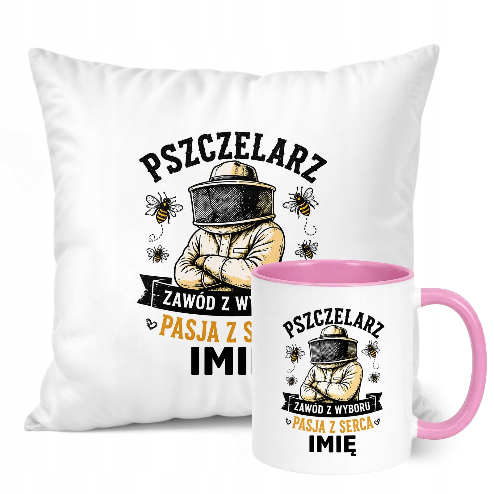 Zestaw Personalizowany Kubek Różowy Poduszka Z Nadrukiem Dla Pszczelarza