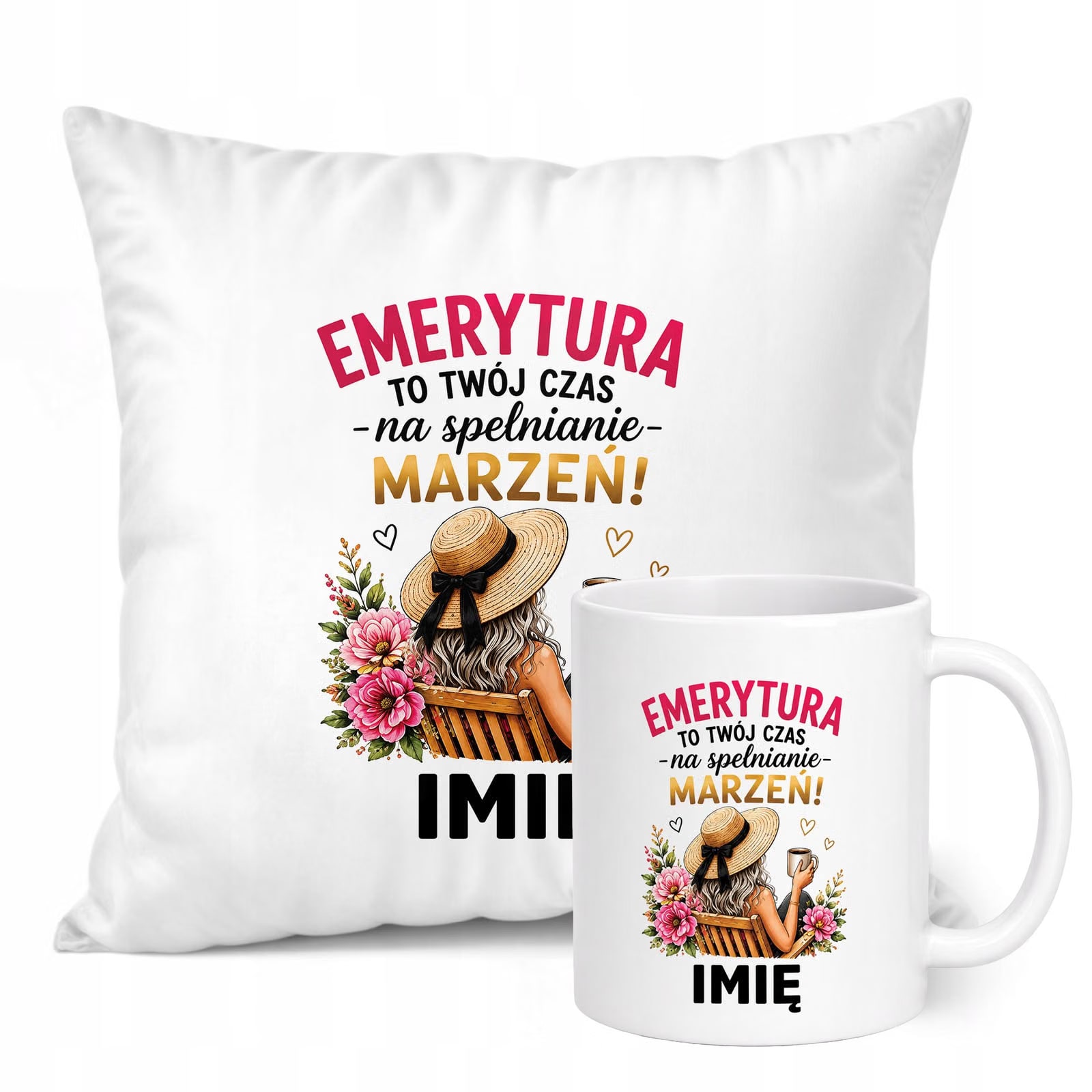 Zestaw Personalizowany Kubek Biały Poduszka Emerytura Dla Emerytki Prezent