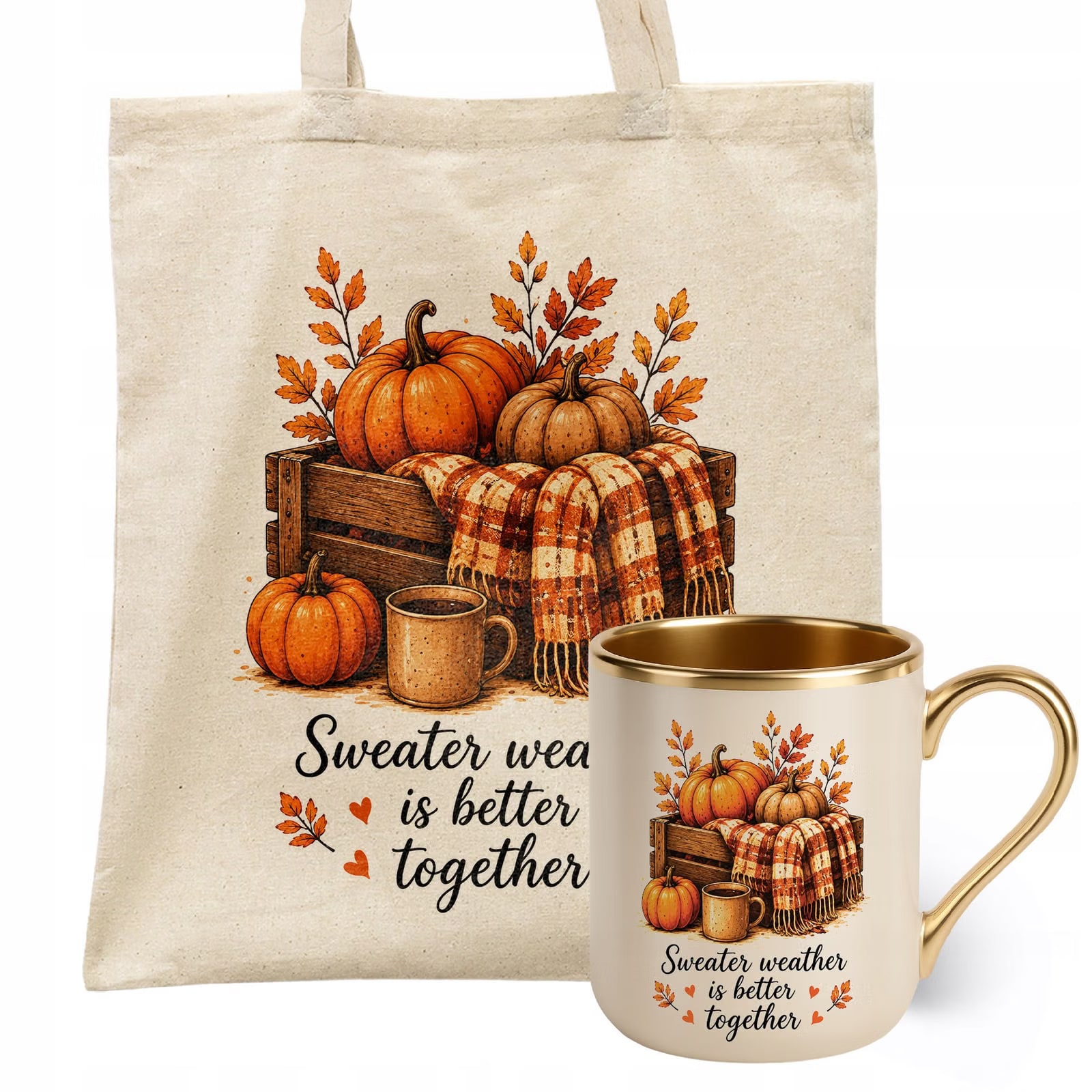 Zestaw Kubek Premium Złoty Ecru Torba Shopper Ecru Z Nadrukiem Jesień