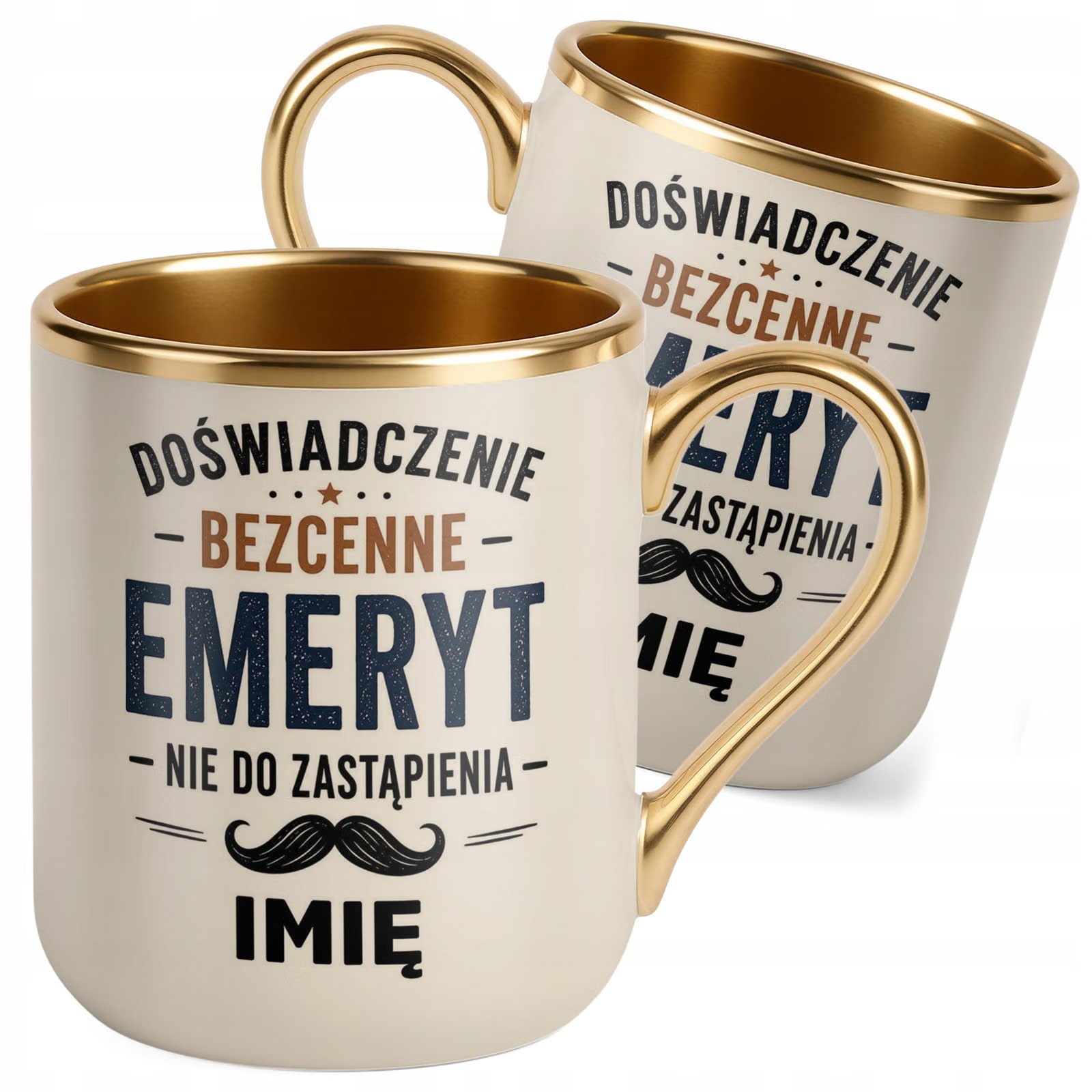 Kubek Personalizowany z nadrukiem Premium Złoty Ecru Emerytura Prezent