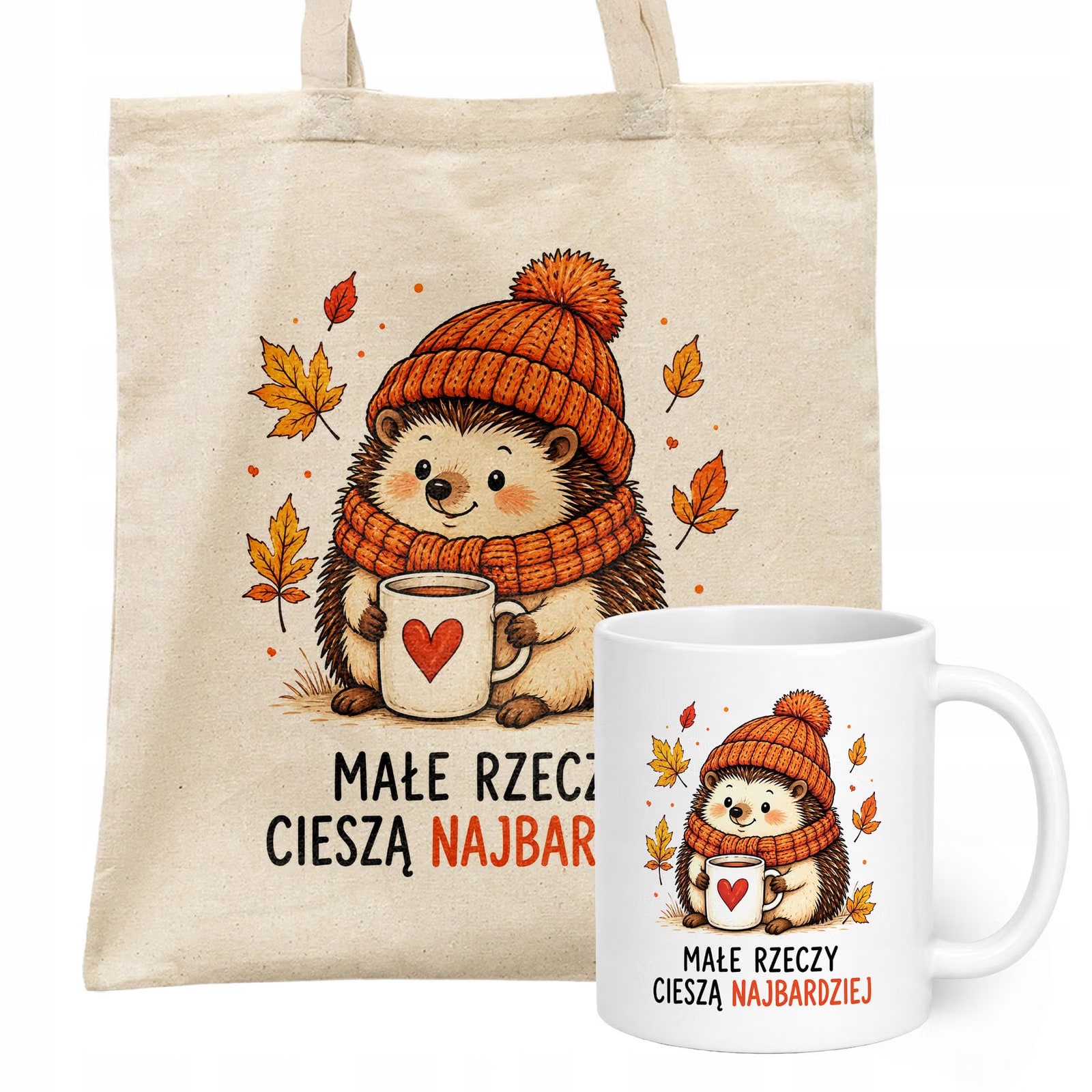 Zestaw Kubek Biały Torba Shopper Ecru Z Nadrukiem Jesień Jesienny Prezent