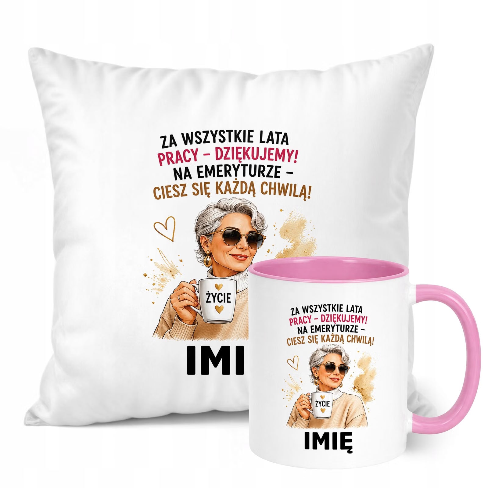 Zestaw Personalizowany Kubek Różowy Poduszka Emerytura Upominek Prezent