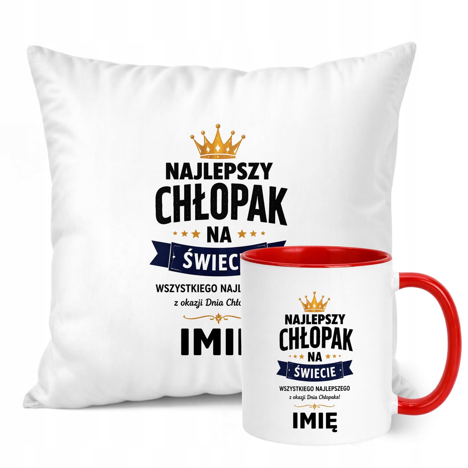 Zestaw Personalizowany Kubek Czerwony Poduszka Dzień Chłopaka Z Nadrukiem