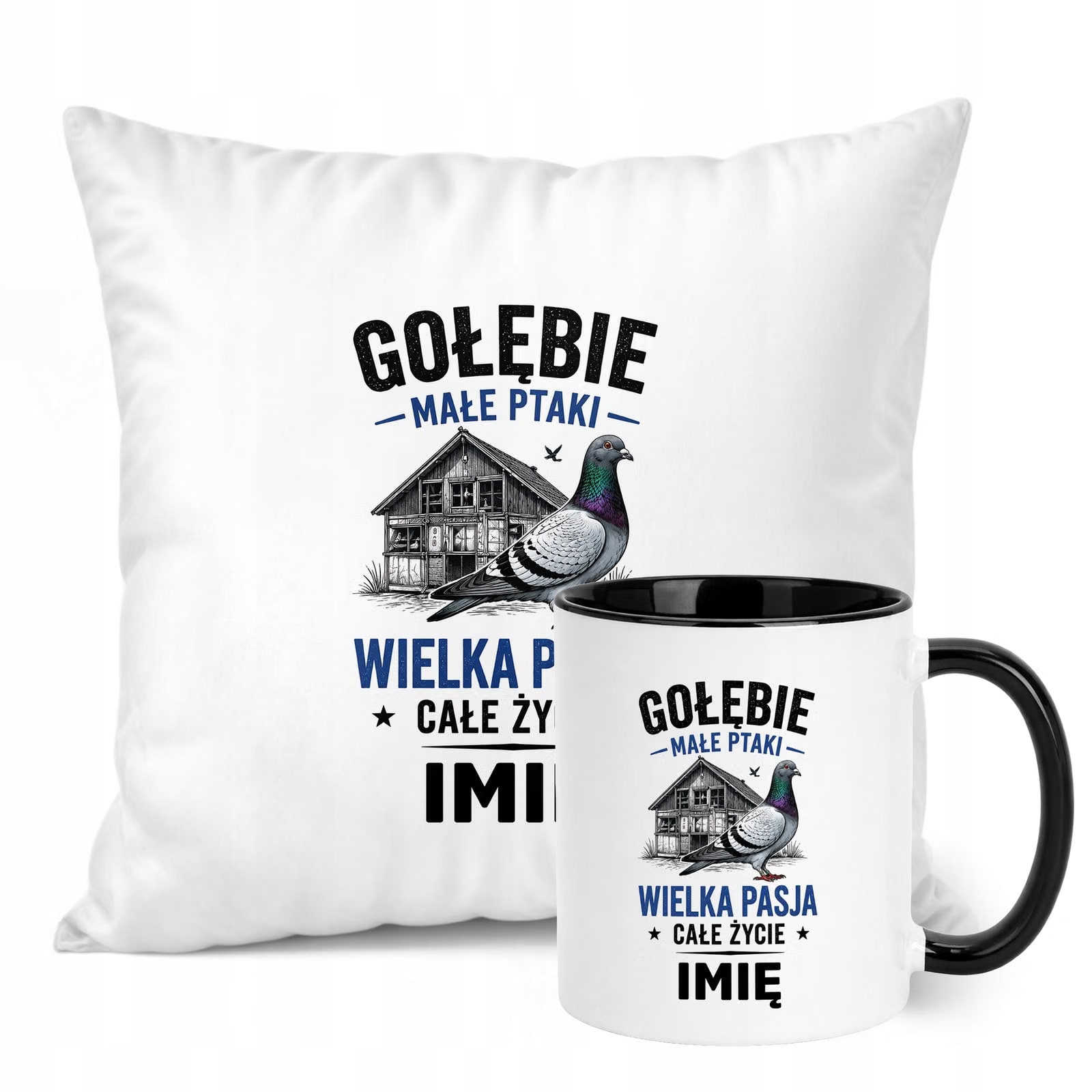 Zestaw Personalizowany Kubek Czarny Poduszka Z Nadrukiem Dla Gołębiarza