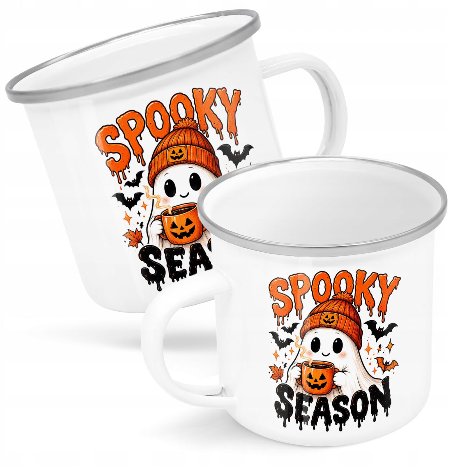 Kubek Emaliowany Halloween Spooky Season z Nadrukiem Biały Metalowy Prezent